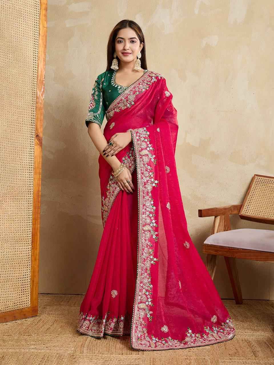 SOFT FENDY CHIFFON SILK EMBROIDERY WITH PIPING BORDER SAREE AT WHOLESALE PRICE