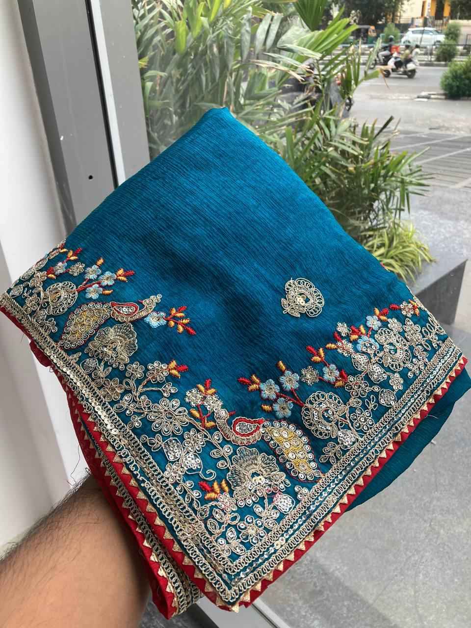 SOFT FENDY CHIFFON SILK EMBROIDERY WITH PIPING BORDER SAREE AT WHOLESALE PRICE
