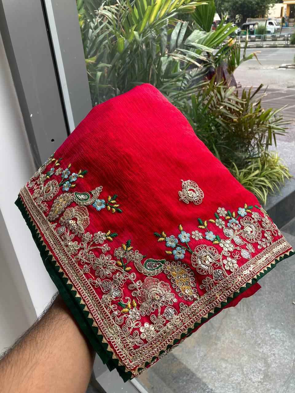 SOFT FENDY CHIFFON SILK EMBROIDERY WITH PIPING BORDER SAREE AT WHOLESALE PRICE