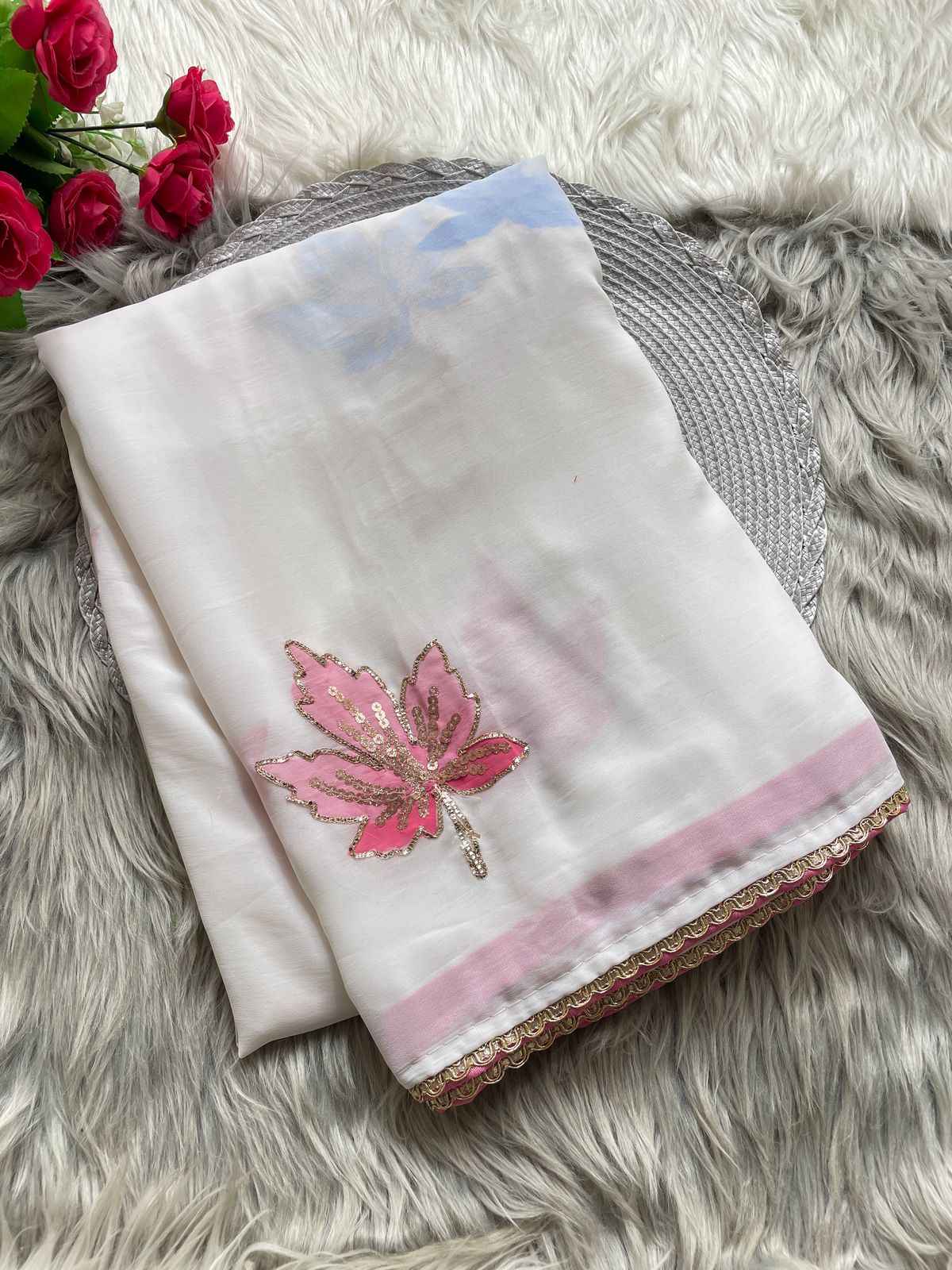 SOFT GEORGETTE WITH GOLDEN RIBBON EMBROIDERY WORK SAREE AT WHOLESALE PRICE