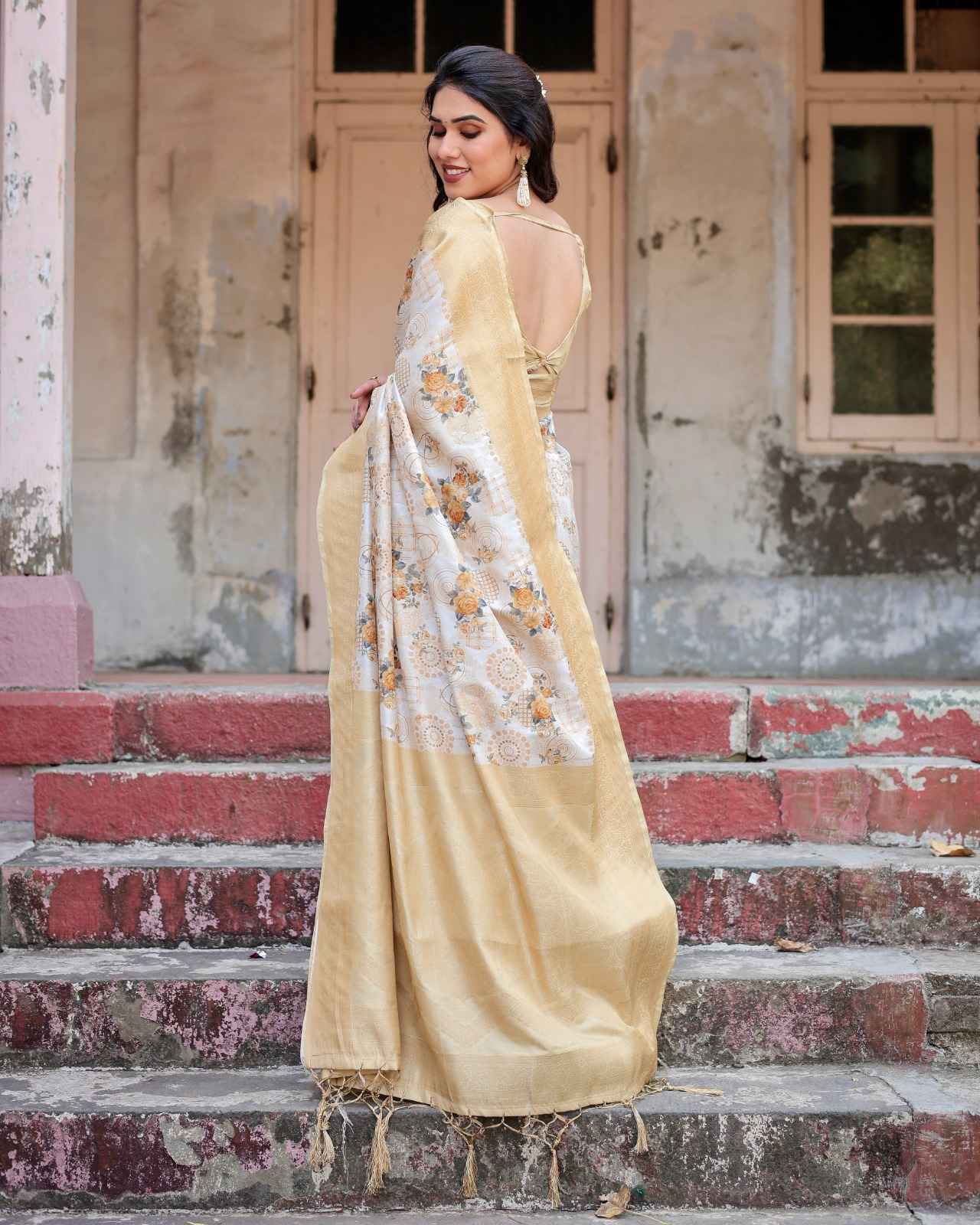 SOFT GOLDEN YELLOW BANARASI SILK WITH DIGITAL PRINTED SAREE AT WHOLESALE PRICE