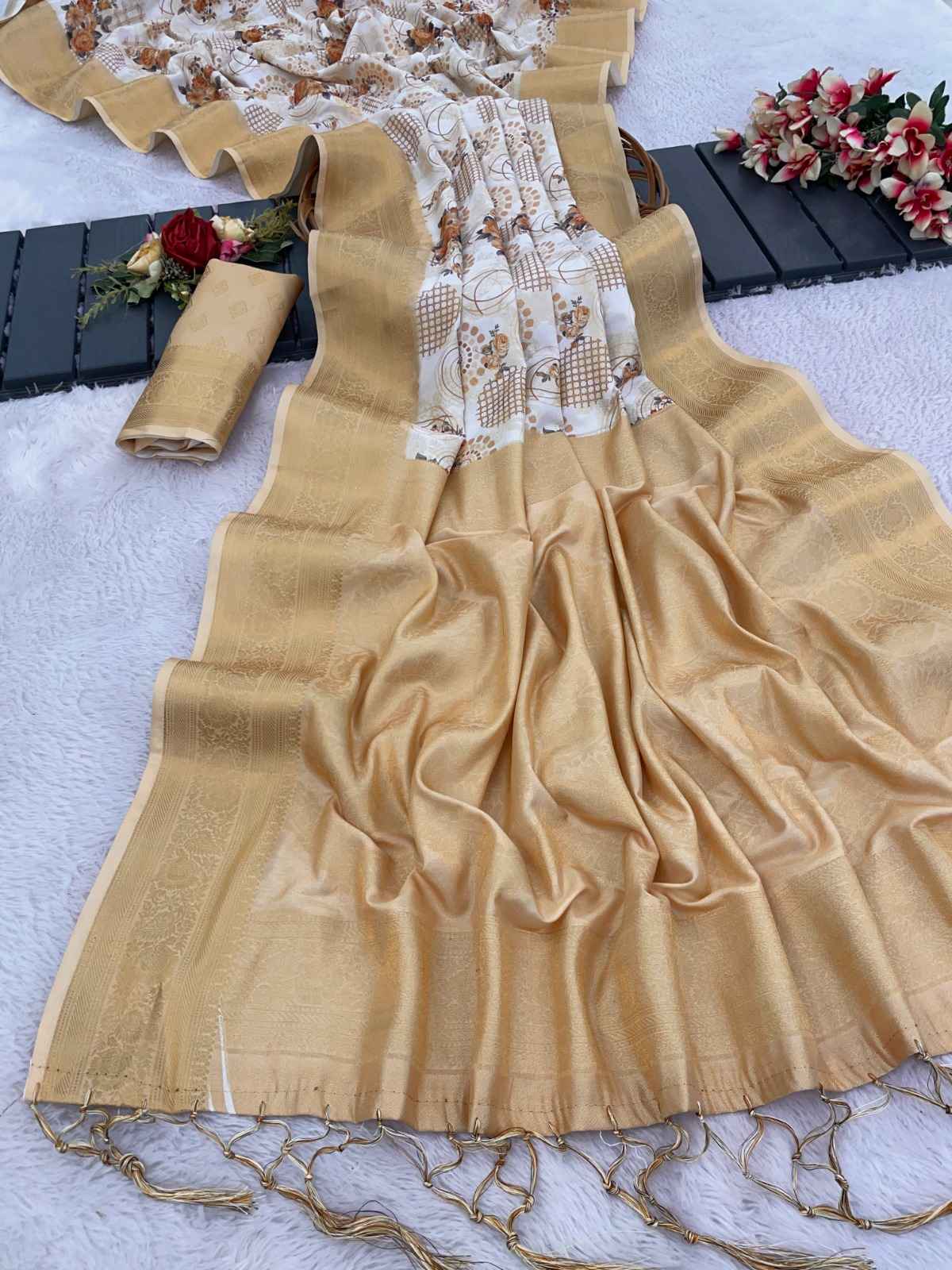 SOFT GOLDEN YELLOW BANARASI SILK WITH DIGITAL PRINTED SAREE AT WHOLESALE PRICE
