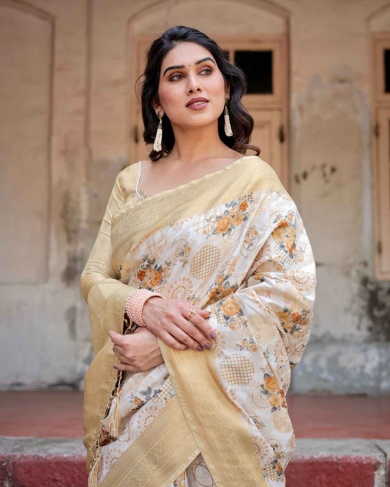 SOFT GOLDEN YELLOW BANARASI SILK WITH DIGITAL PRINTED SAREE AT WHOLESALE PRICE