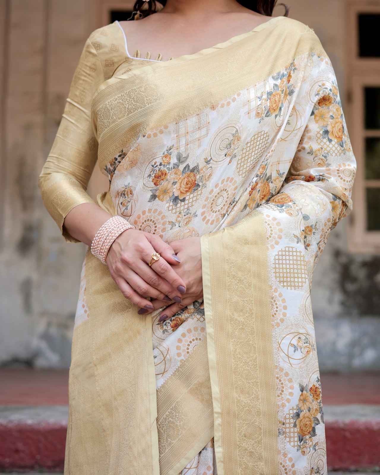 SOFT GOLDEN YELLOW BANARASI SILK WITH DIGITAL PRINTED SAREE AT WHOLESALE PRICE