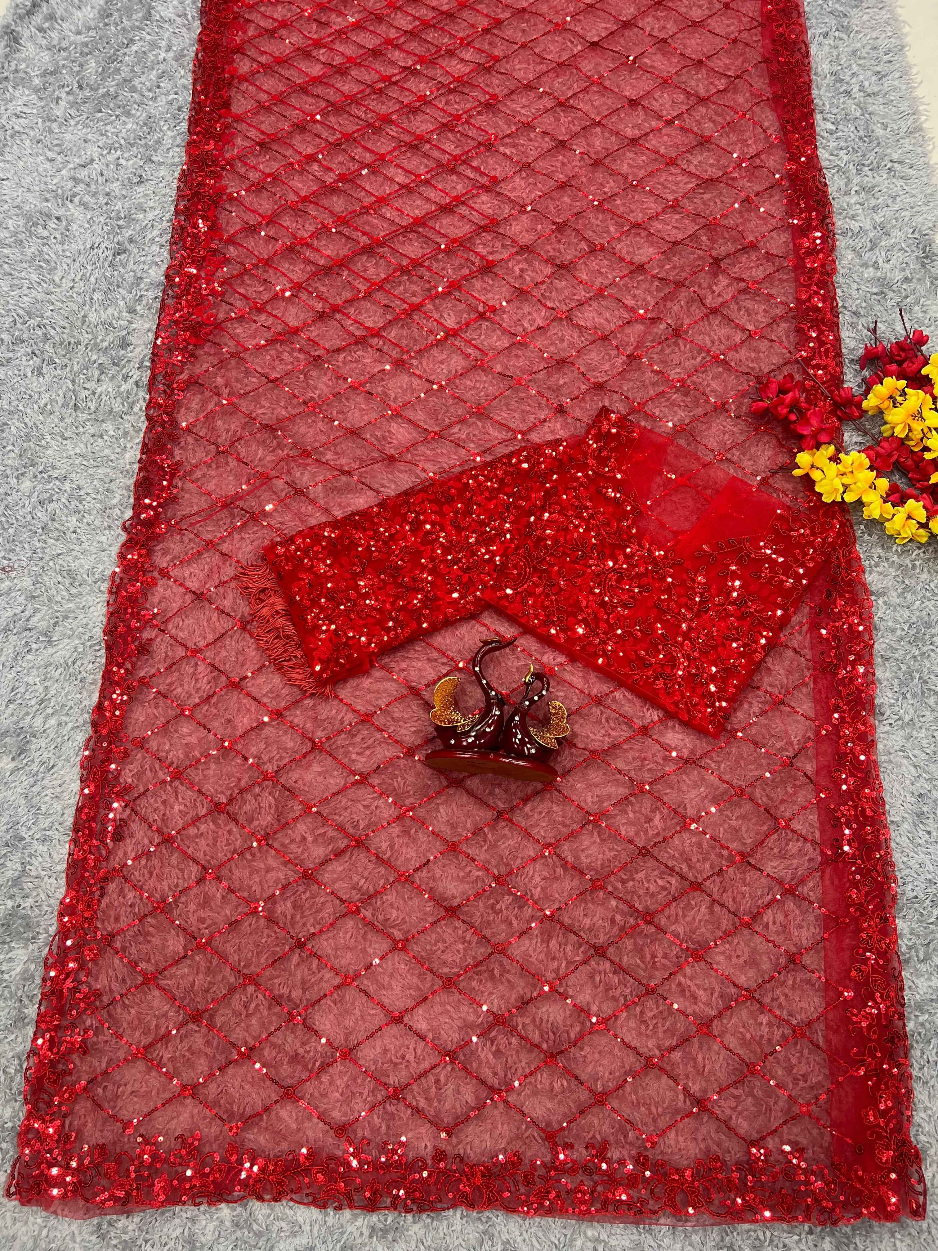SOFT NET SEQUINS EMBROIDERY C PALLU WORK SAREE AT WHOLESALE PRICE