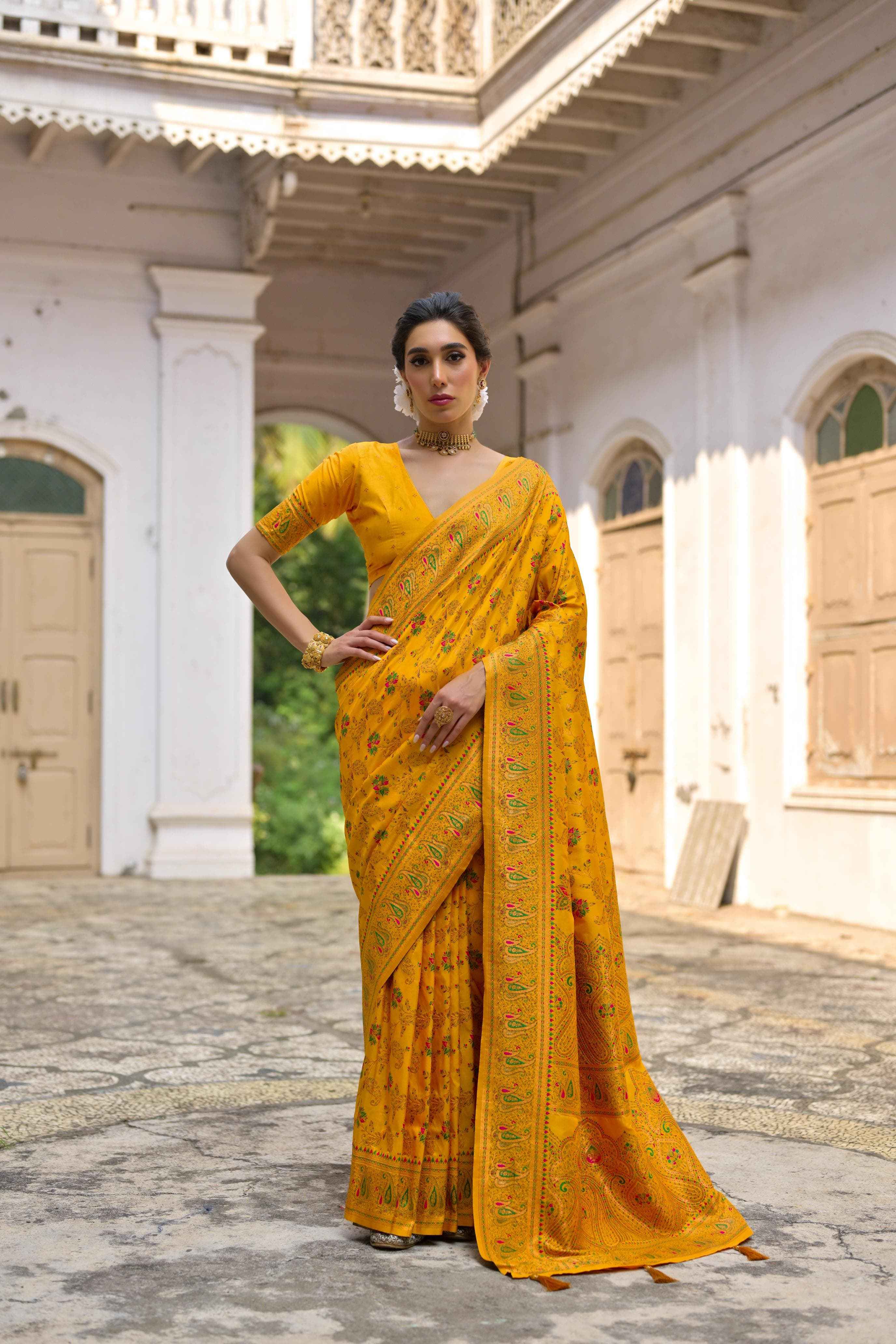 SOFT PASHMINA SILK KASHMIRI COLOURFULL JAL WEAVING SAREE AT WHOLESALE PRICE