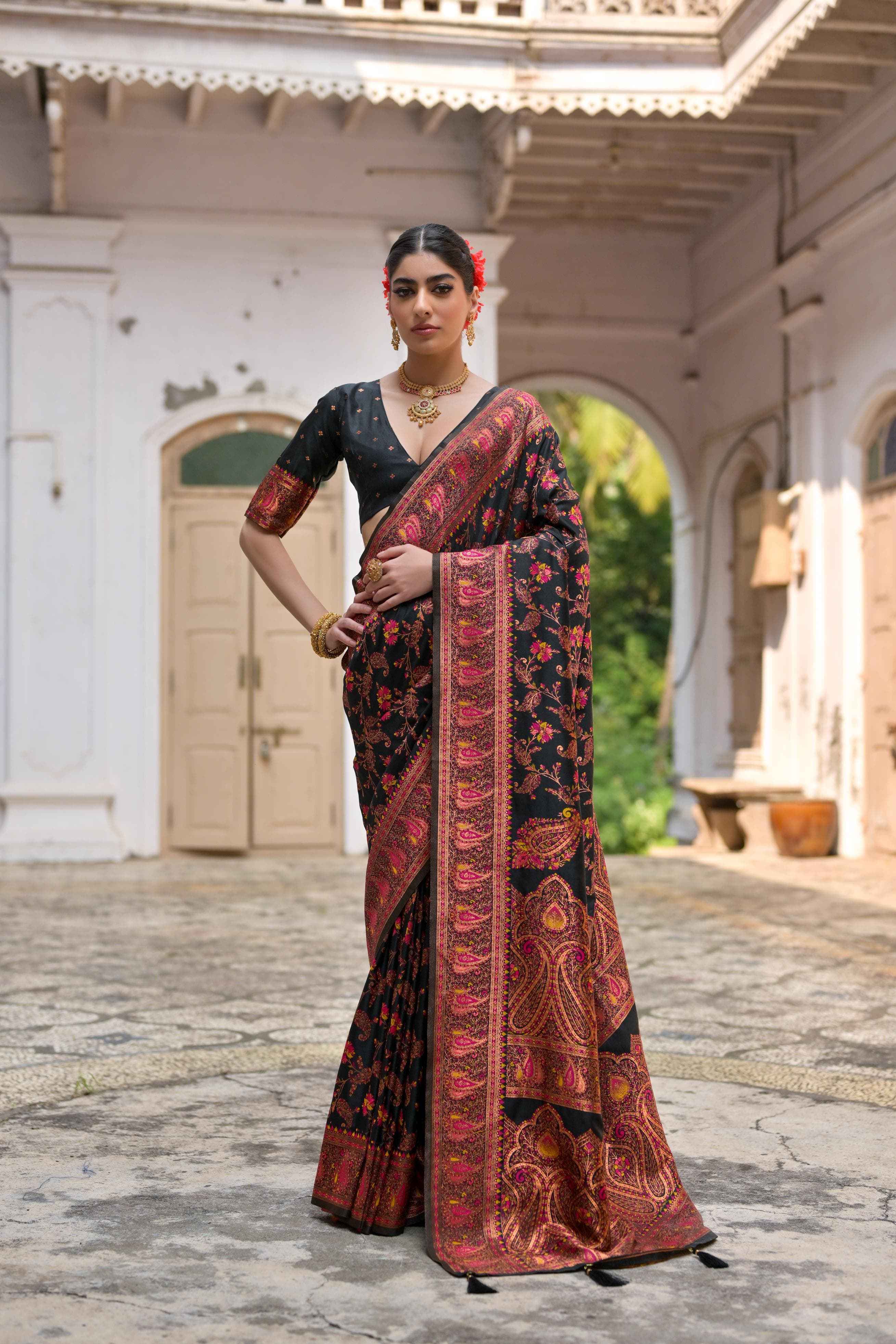 SOFT PASHMINA SILK KASHMIRI COLOURFULL JAL WEAVING SAREE AT WHOLESALE PRICE