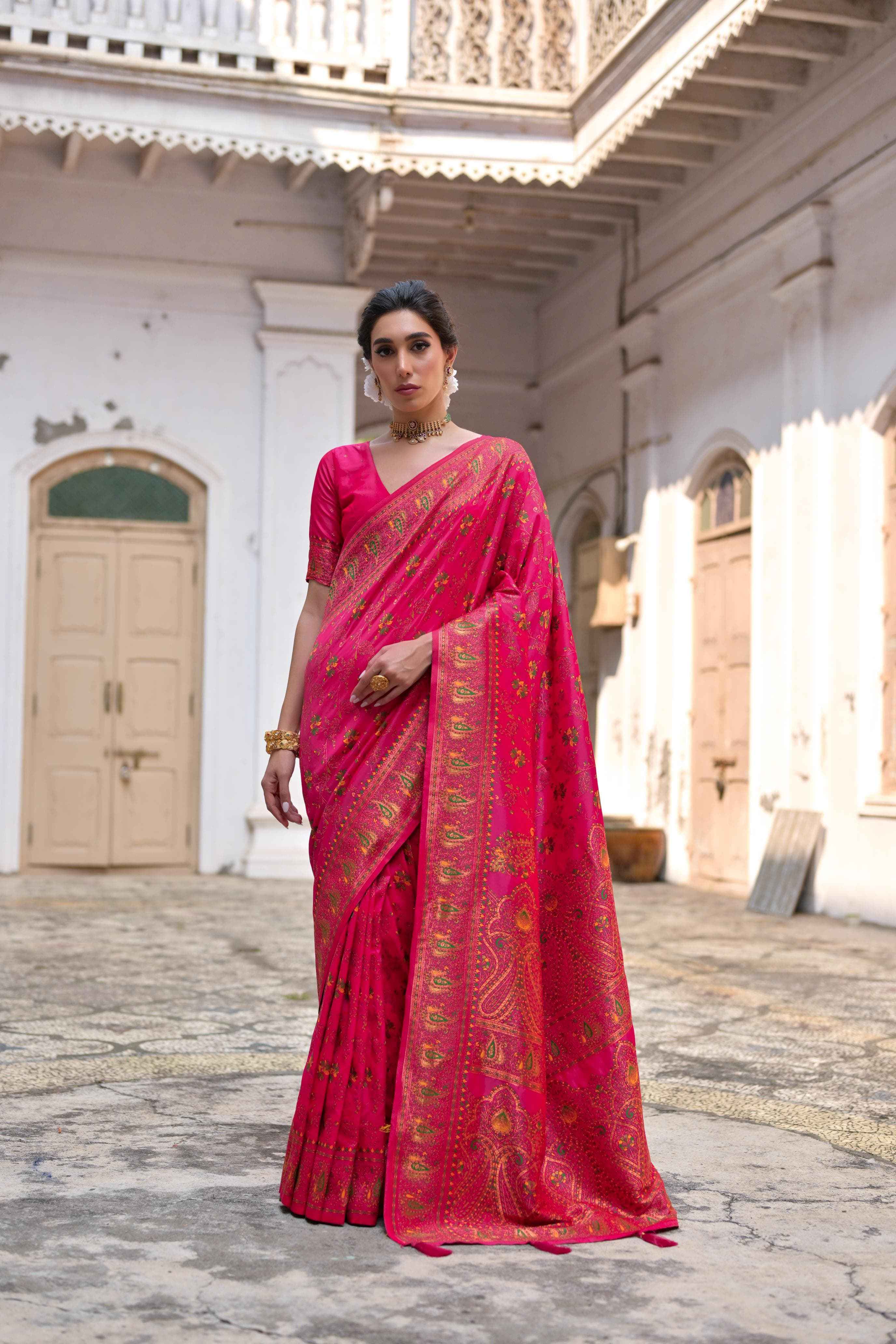 SOFT PASHMINA SILK KASHMIRI COLOURFULL JAL WEAVING SAREE AT WHOLESALE PRICE