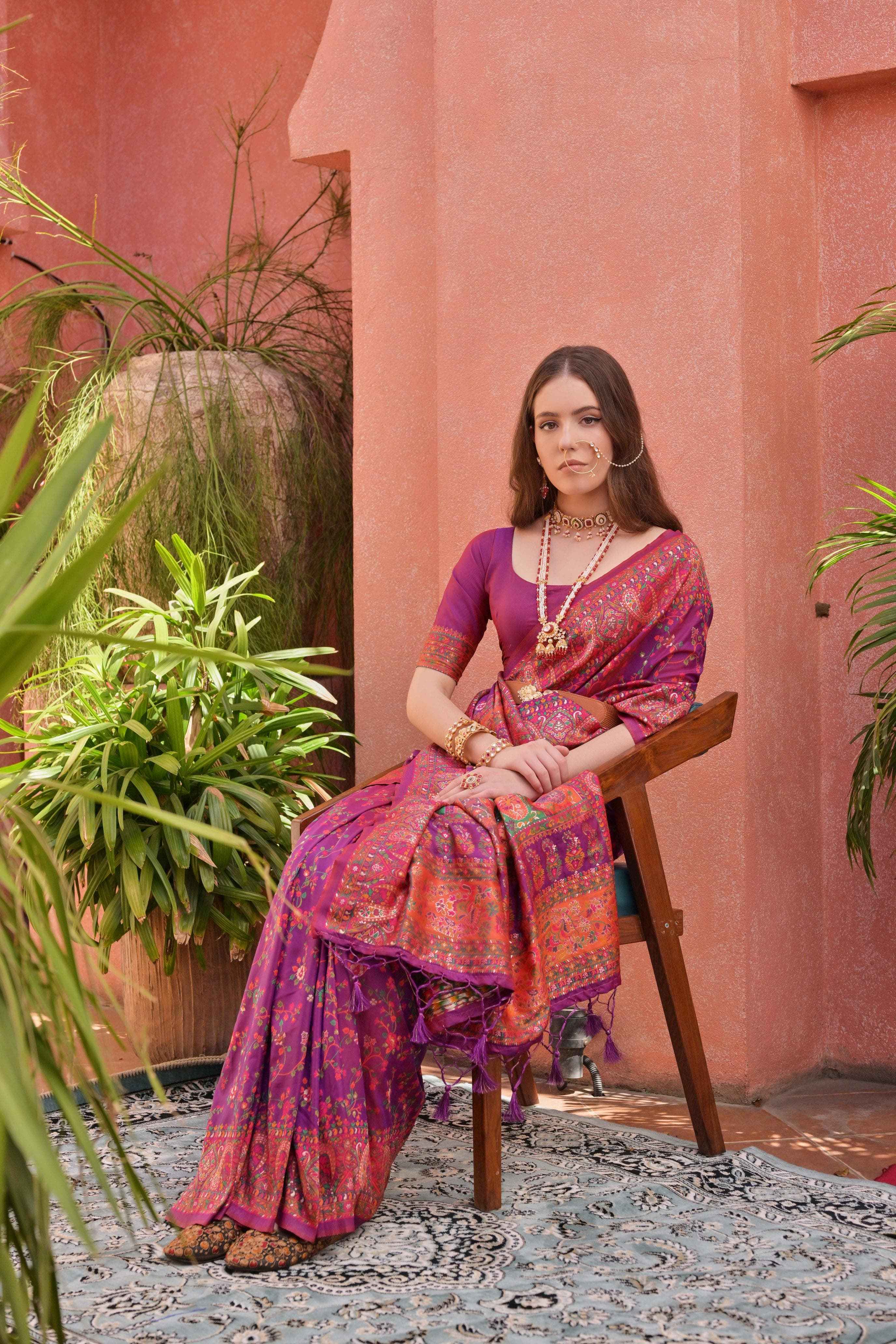 SOFT PASHMINA SILK WEAVING PALLU WITH FANCY TASSELS SAREE AT WHOLESALE PRICE