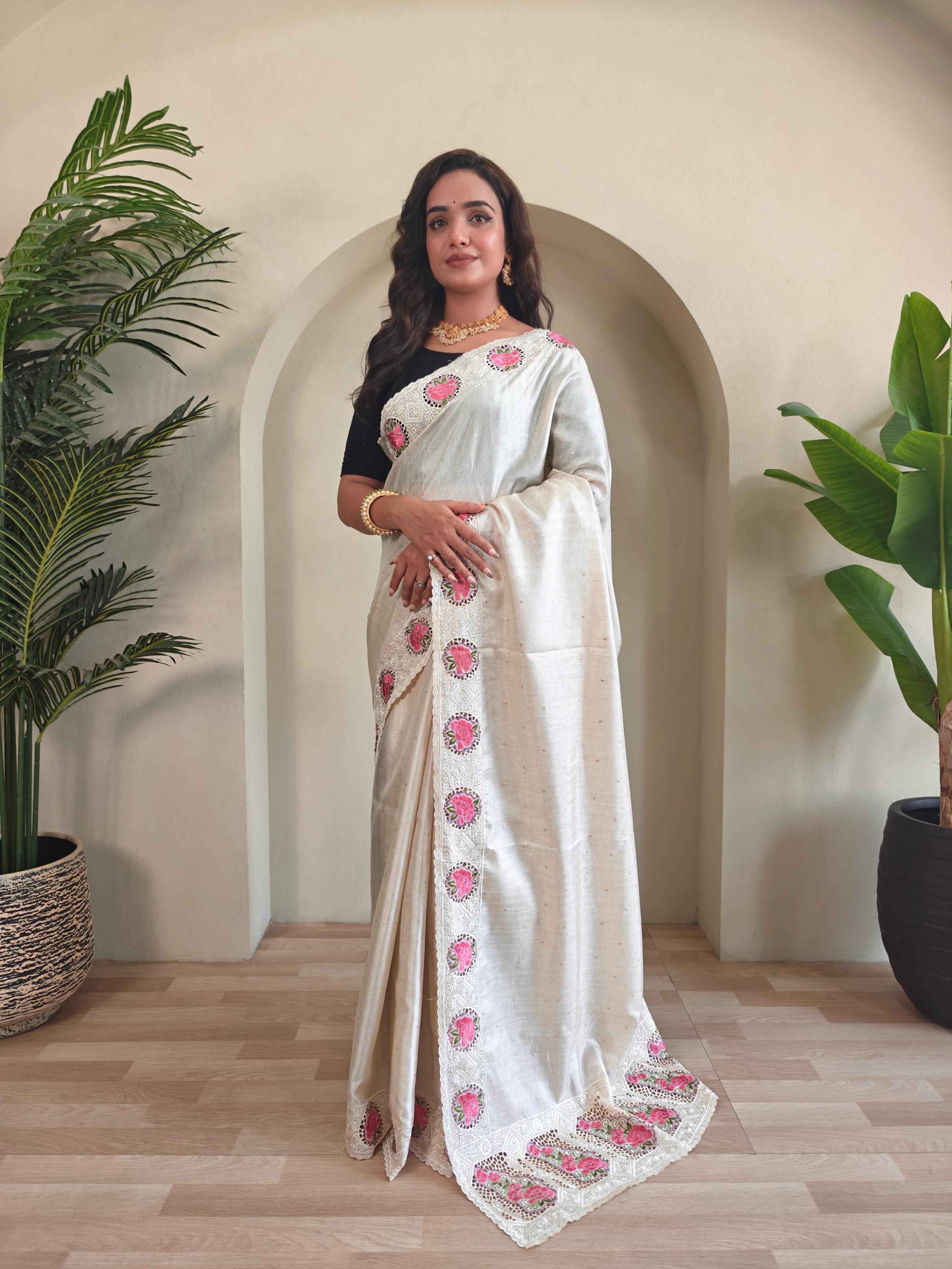SOFT TUSSAR SILK EMBROIDERED WITH CUTWORK SAREE AT WHOLESALE PRICE
