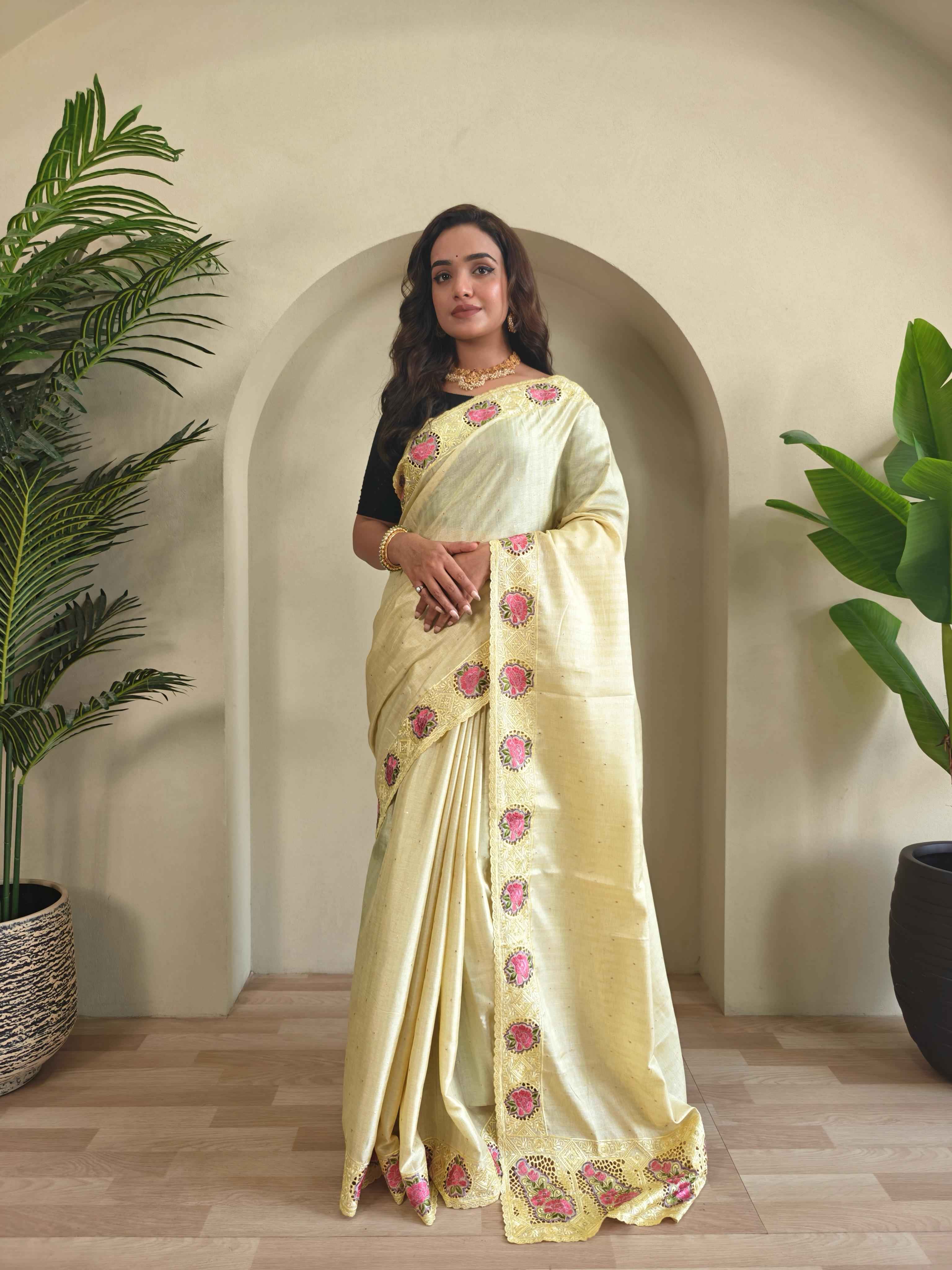 SOFT TUSSAR SILK EMBROIDERED WITH CUTWORK SAREE AT WHOLESALE PRICE