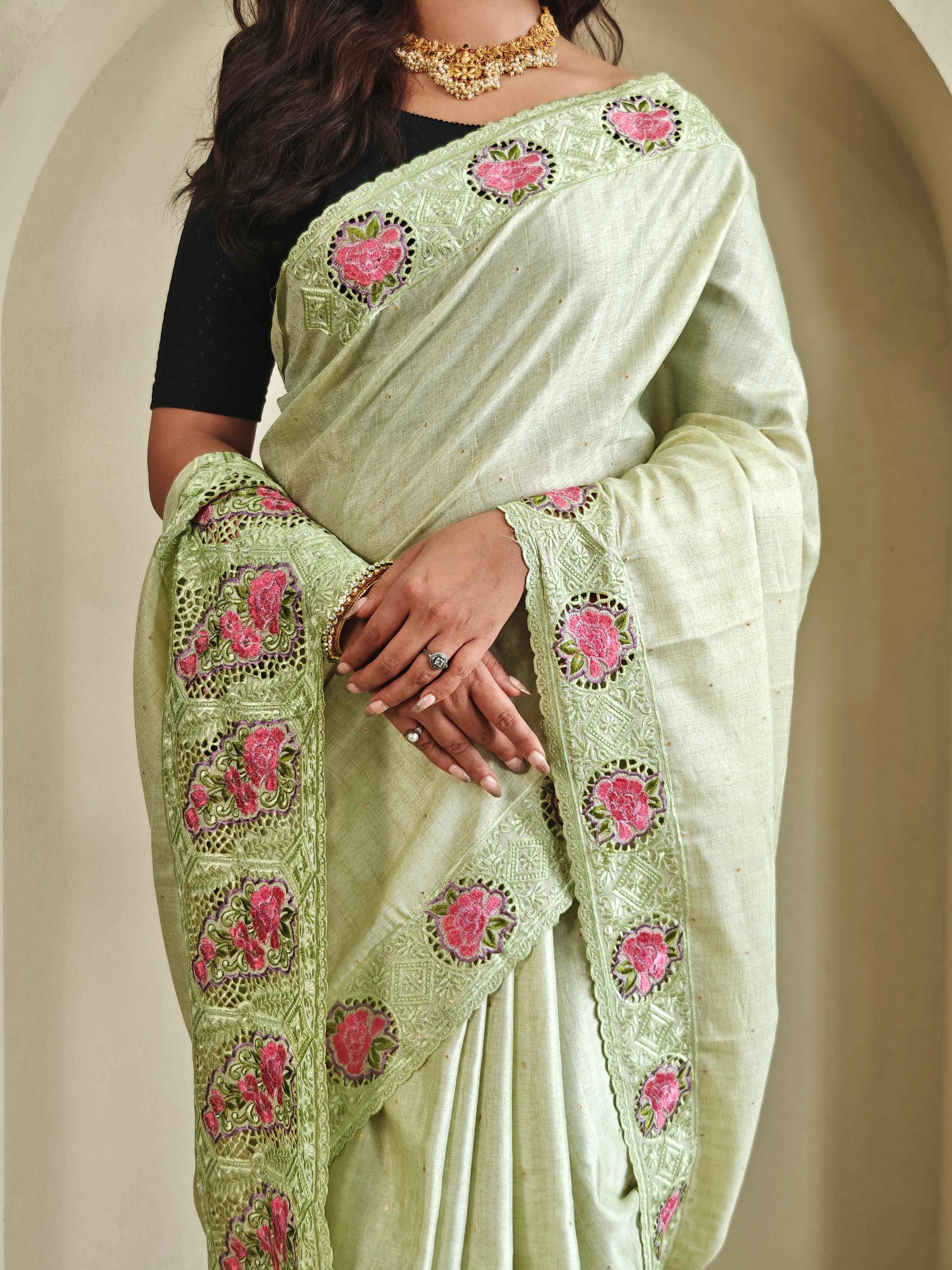 SOFT TUSSAR SILK EMBROIDERED WITH CUTWORK SAREE AT WHOLESALE PRICE