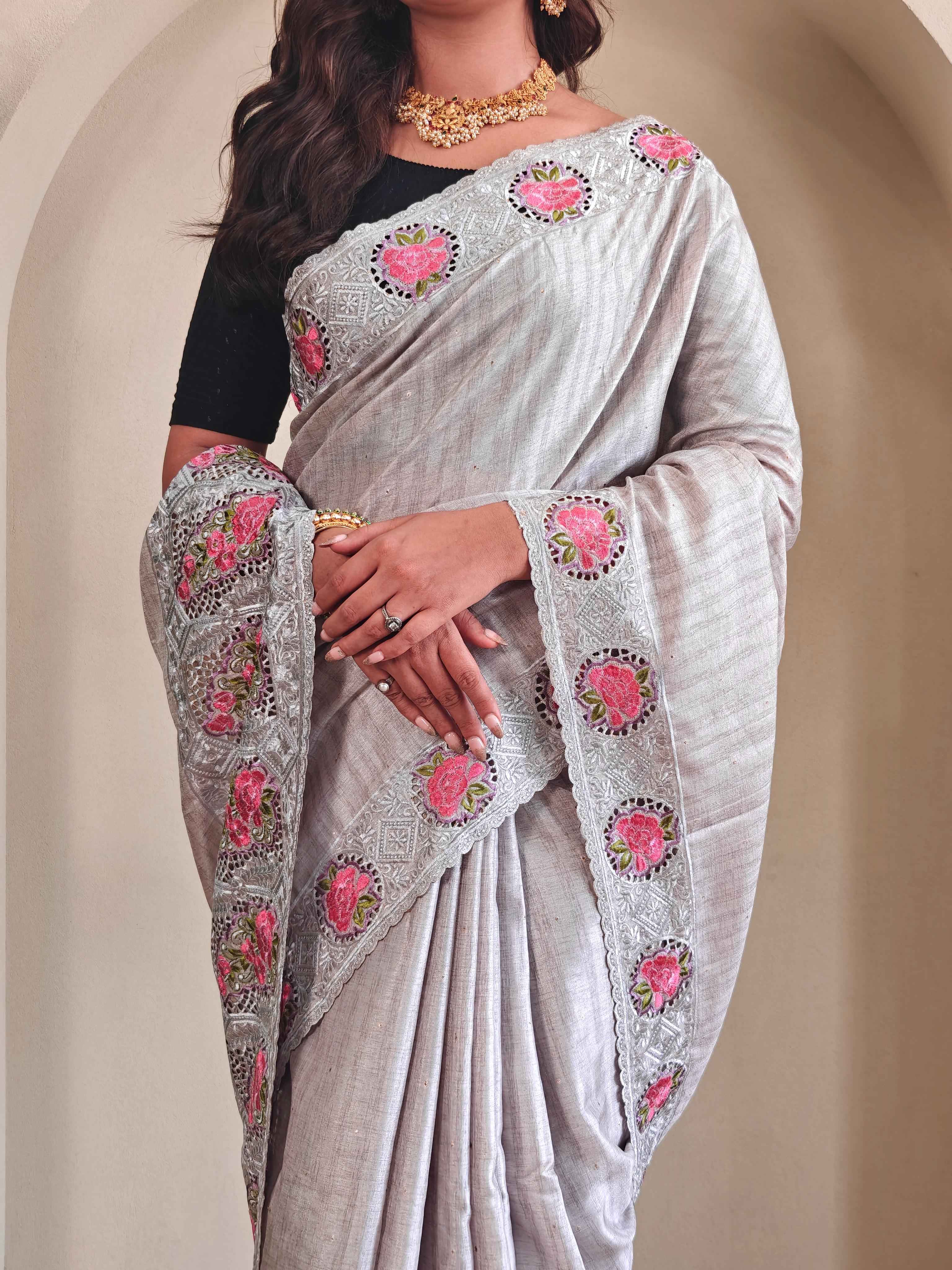 SOFT TUSSAR SILK EMBROIDERED WITH CUTWORK SAREE AT WHOLESALE PRICE