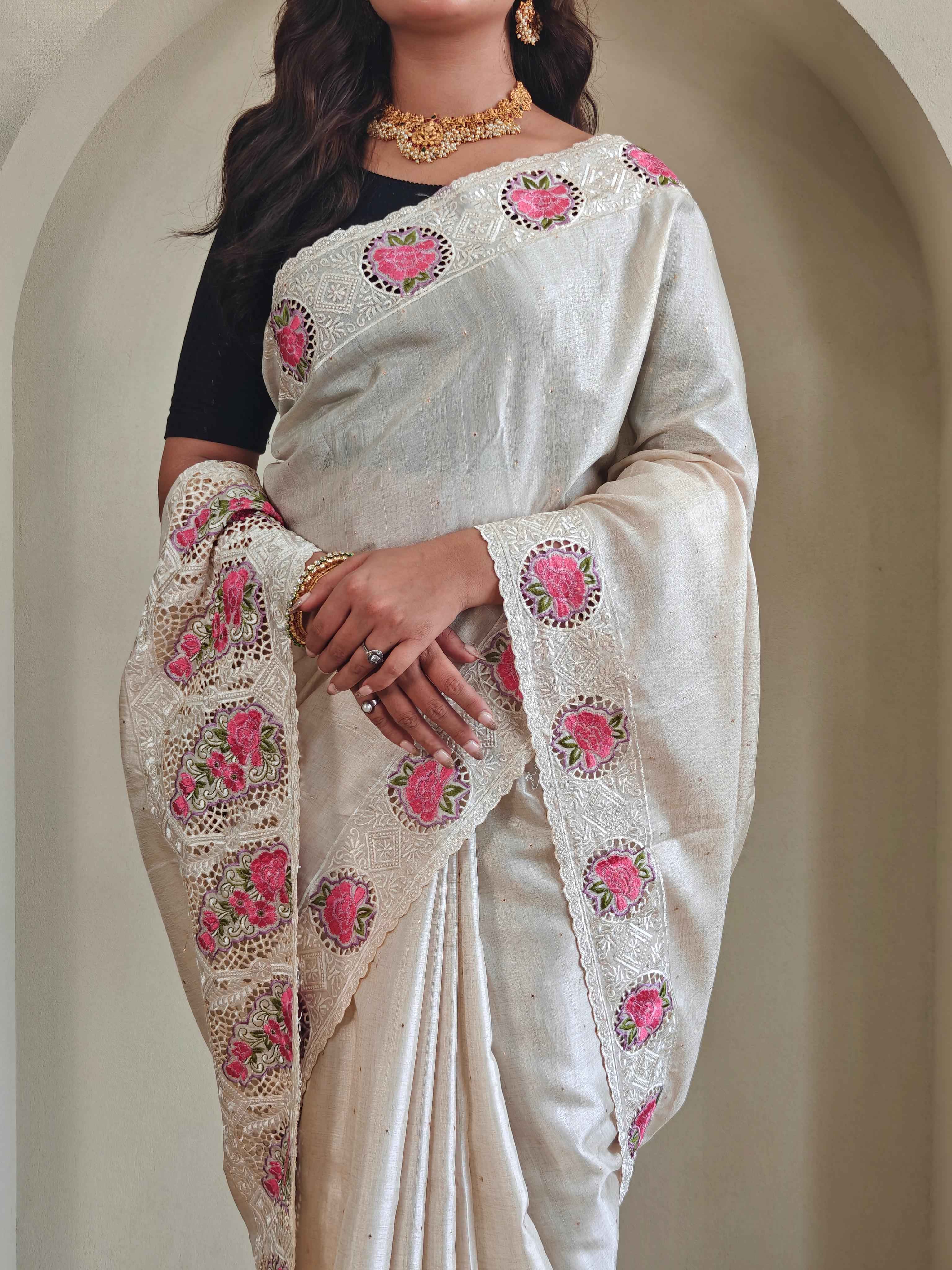 SOFT TUSSAR SILK EMBROIDERED WITH CUTWORK SAREE AT WHOLESALE PRICE