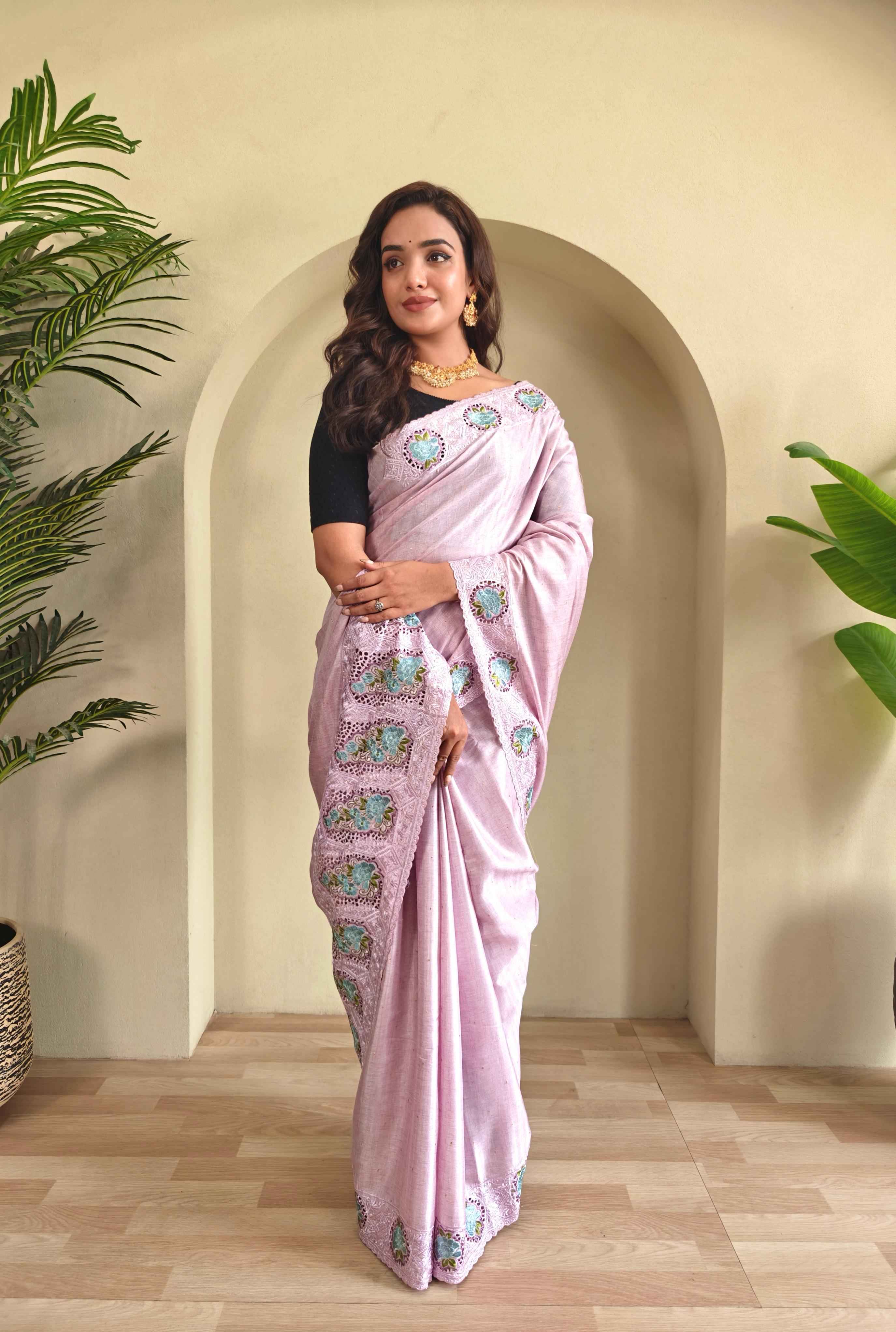 SOFT TUSSAR SILK EMBROIDERED WITH CUTWORK SAREE AT WHOLESALE PRICE