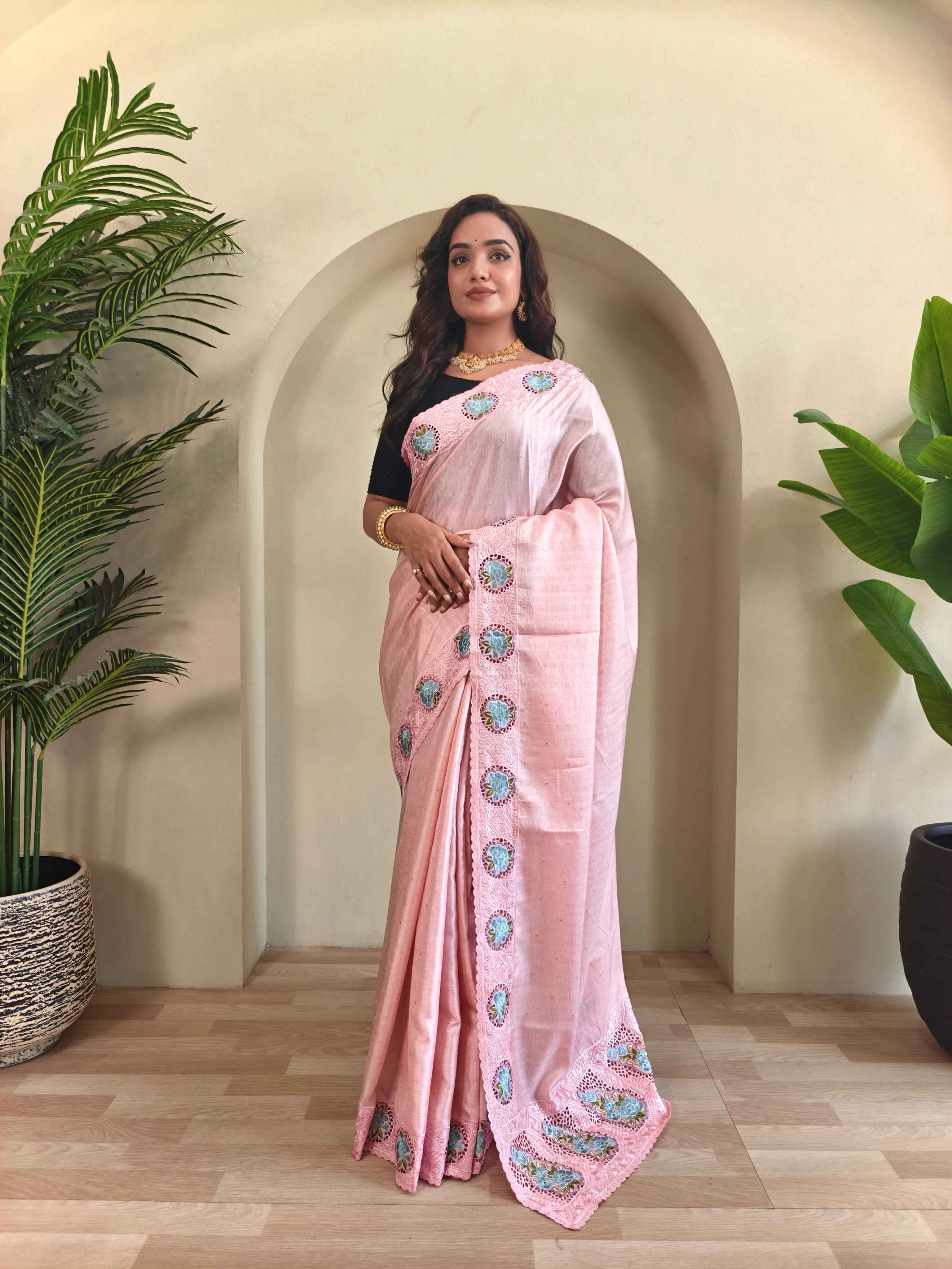 SOFT TUSSAR SILK EMBROIDERED WITH CUTWORK SAREE AT WHOLESALE PRICE