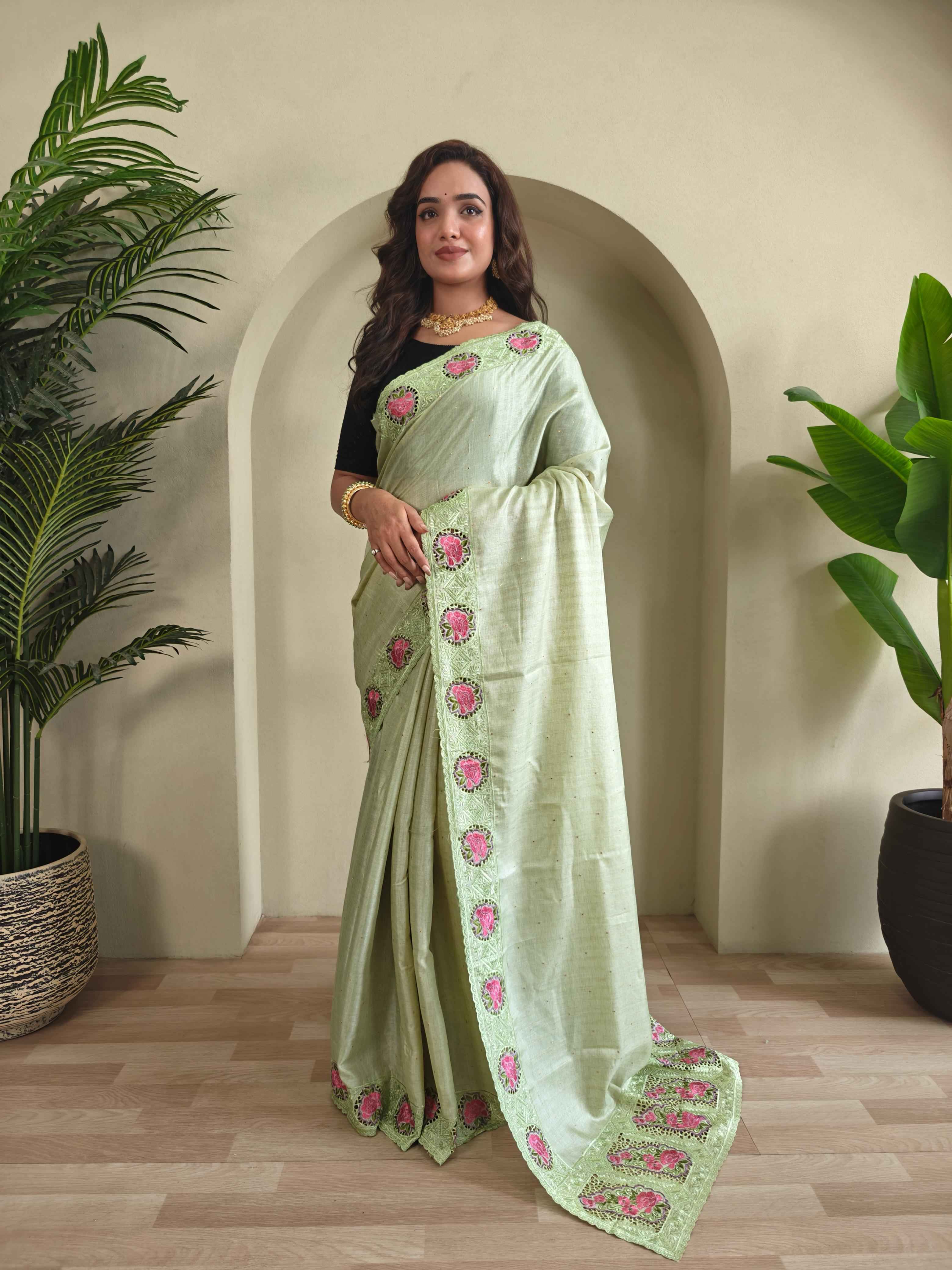 SOFT TUSSAR SILK EMBROIDERED WITH CUTWORK SAREE AT WHOLESALE PRICE