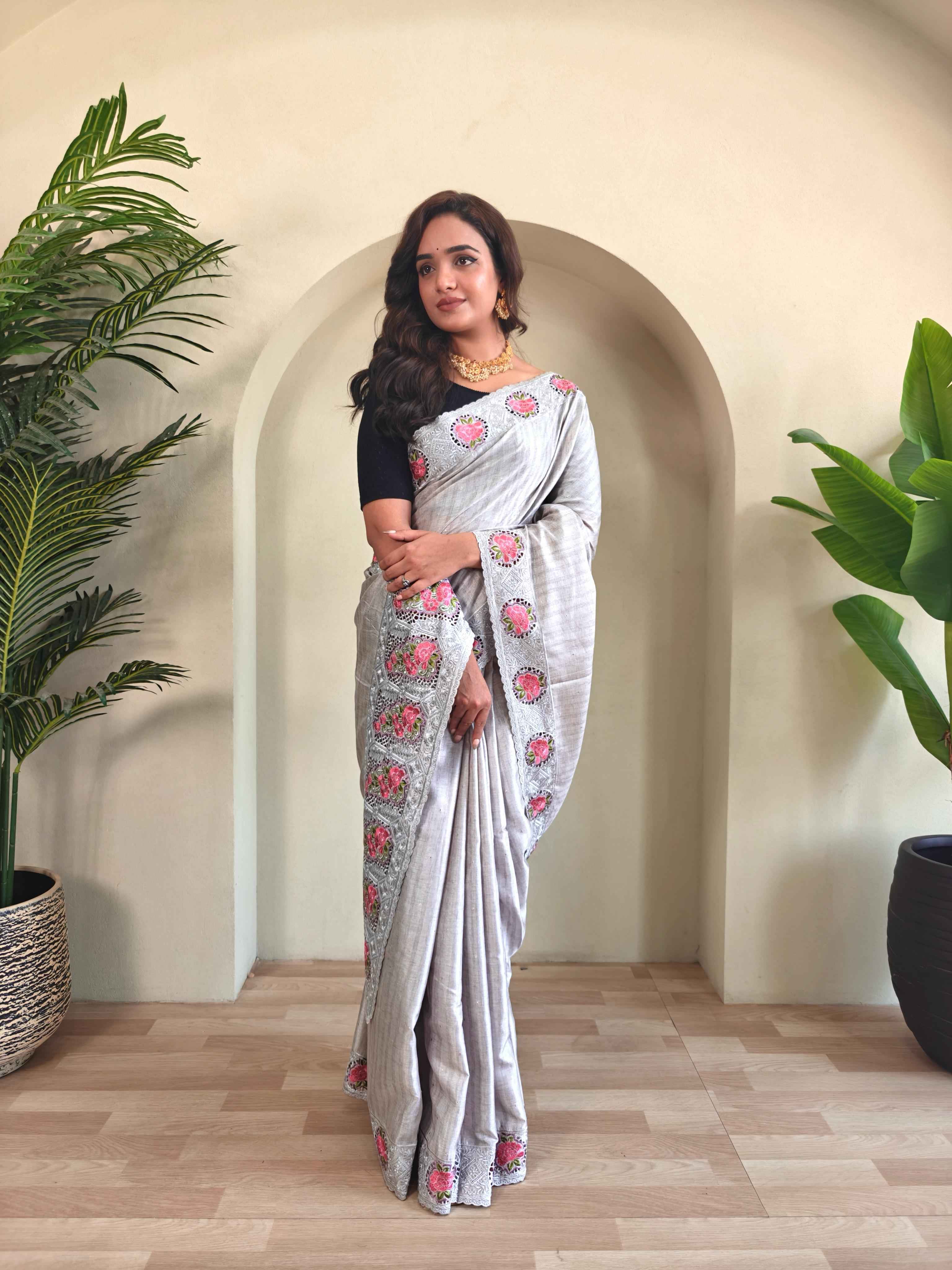 SOFT TUSSAR SILK EMBROIDERED WITH CUTWORK SAREE AT WHOLESALE PRICE