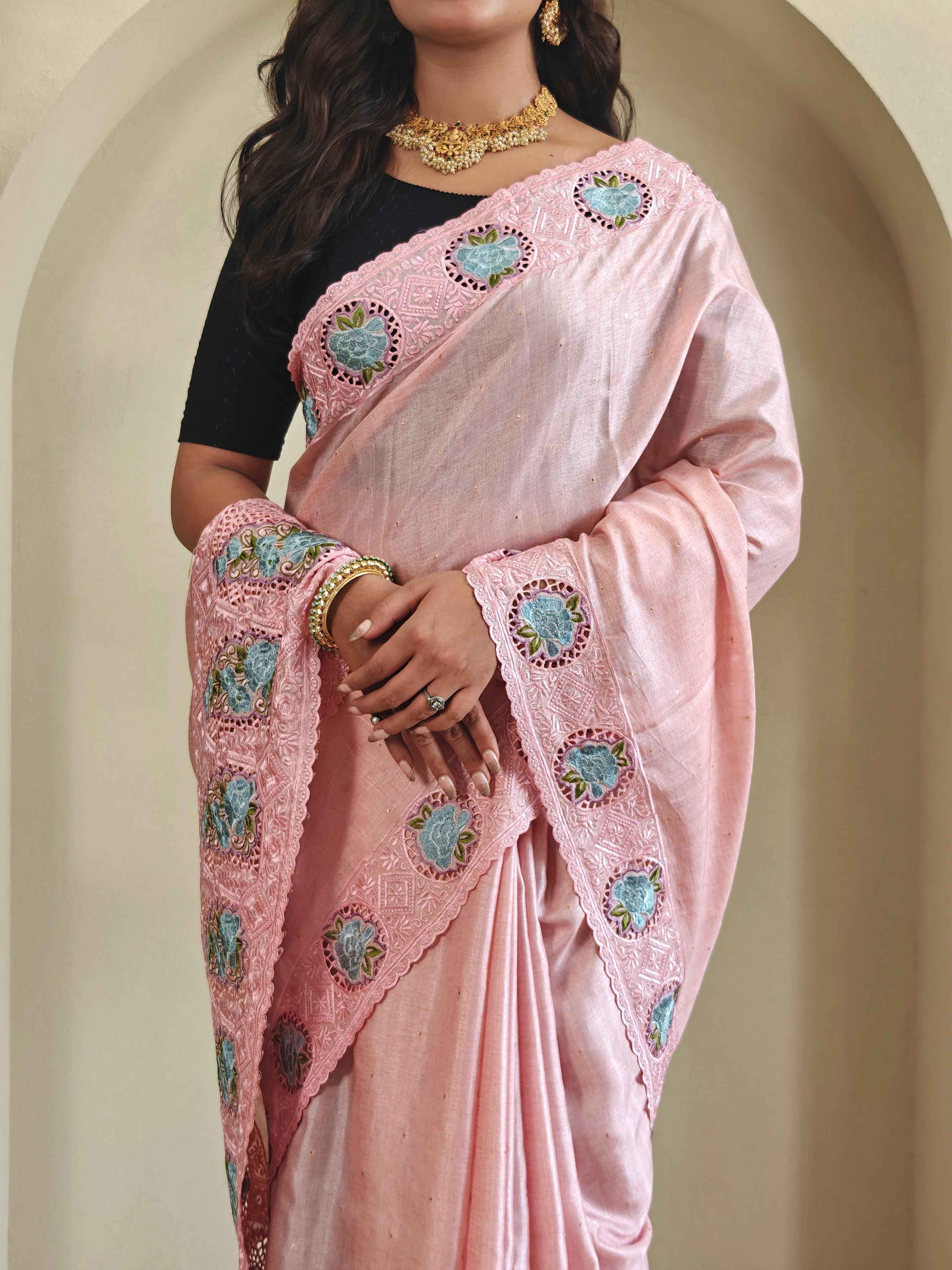 SOFT TUSSAR SILK EMBROIDERED WITH CUTWORK SAREE AT WHOLESALE PRICE