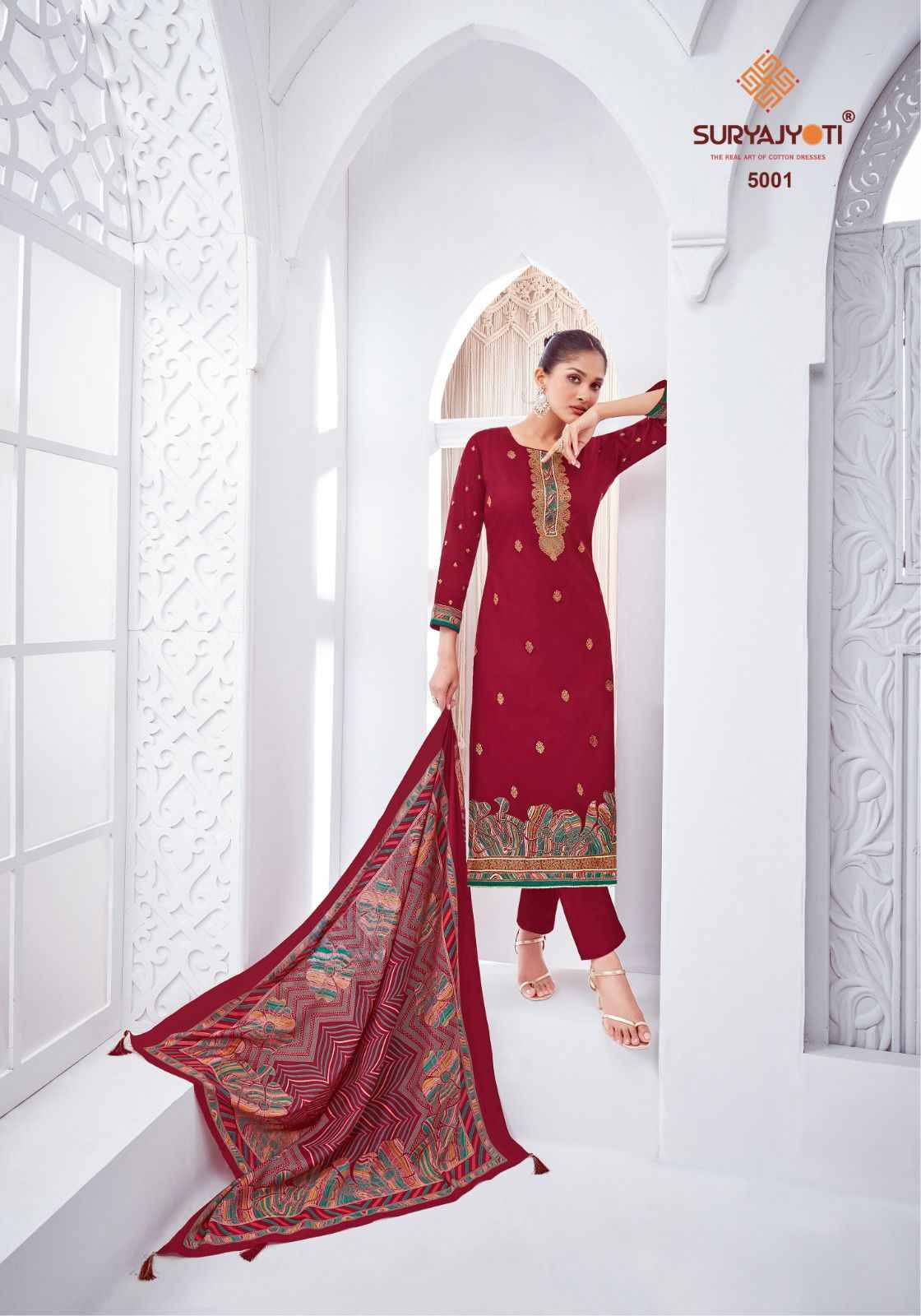SURYAJYOTI PALLAVI VOL-5 JAAM SATIN DISCHARGE PRINT WITH FOIL HANDWORK DRESS MATERIAL