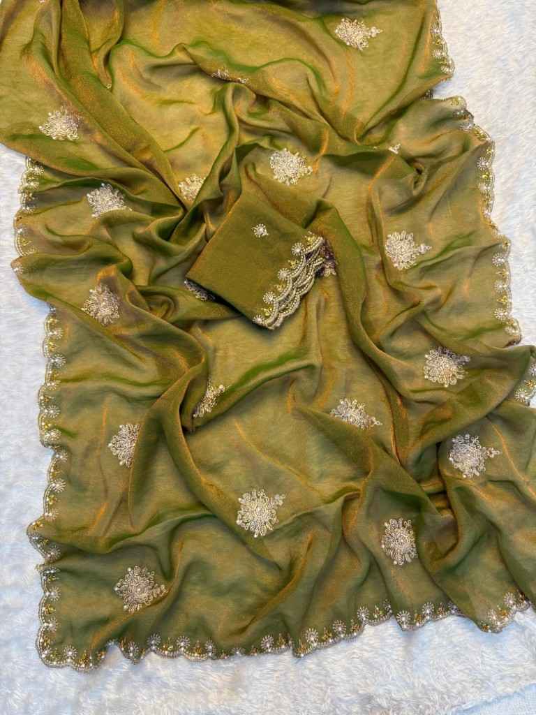 TISSUE MOSS MULTI EMBROIDERY C-PALLU SAREE AT WHOLESALE PRICE