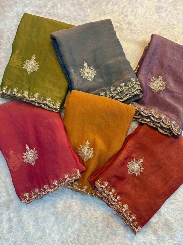 TISSUE MOSS MULTI EMBROIDERY C-PALLU SAREE AT WHOLESALE PRICE