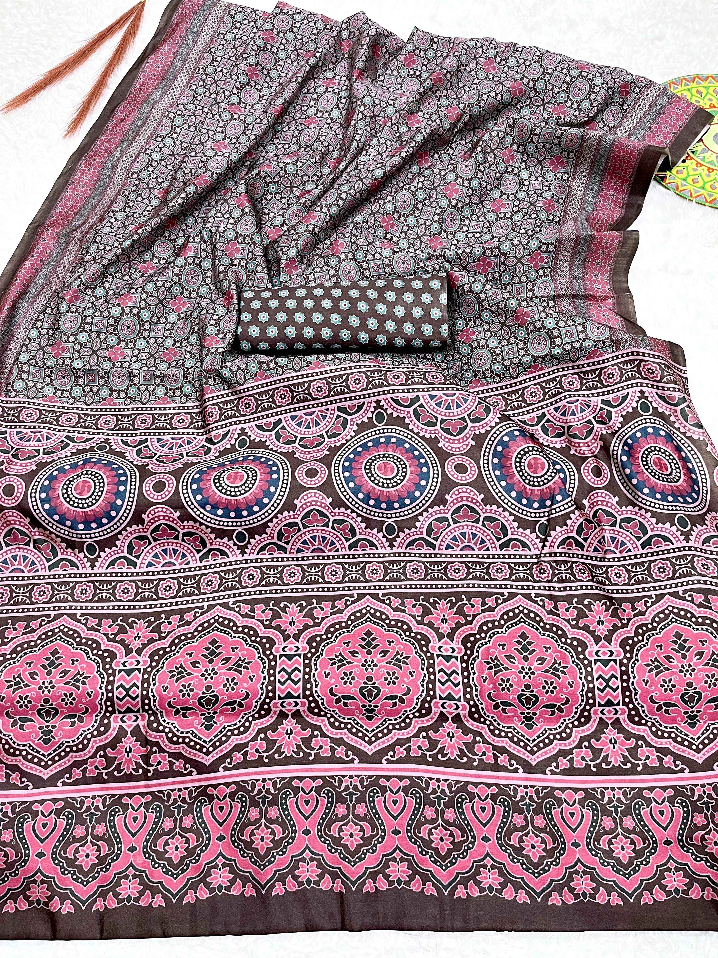 TRADITIONAL SOFT AJRAKH PRINTED SILK SAREE AT WHOLESALE PRICE