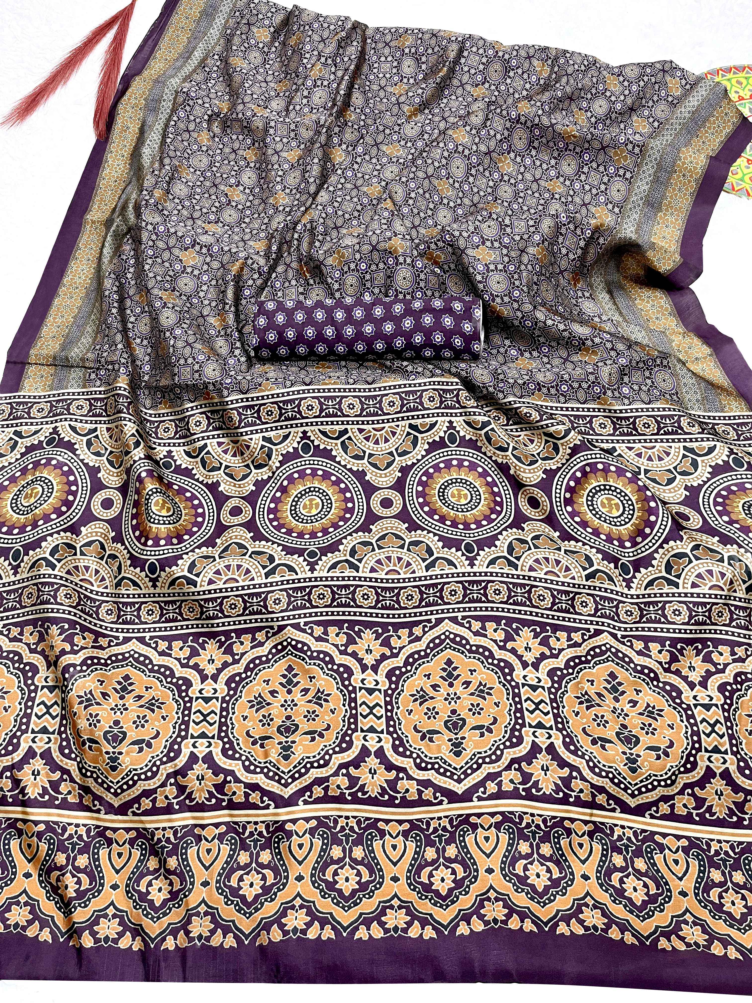 TRADITIONAL SOFT AJRAKH PRINTED SILK SAREE AT WHOLESALE PRICE