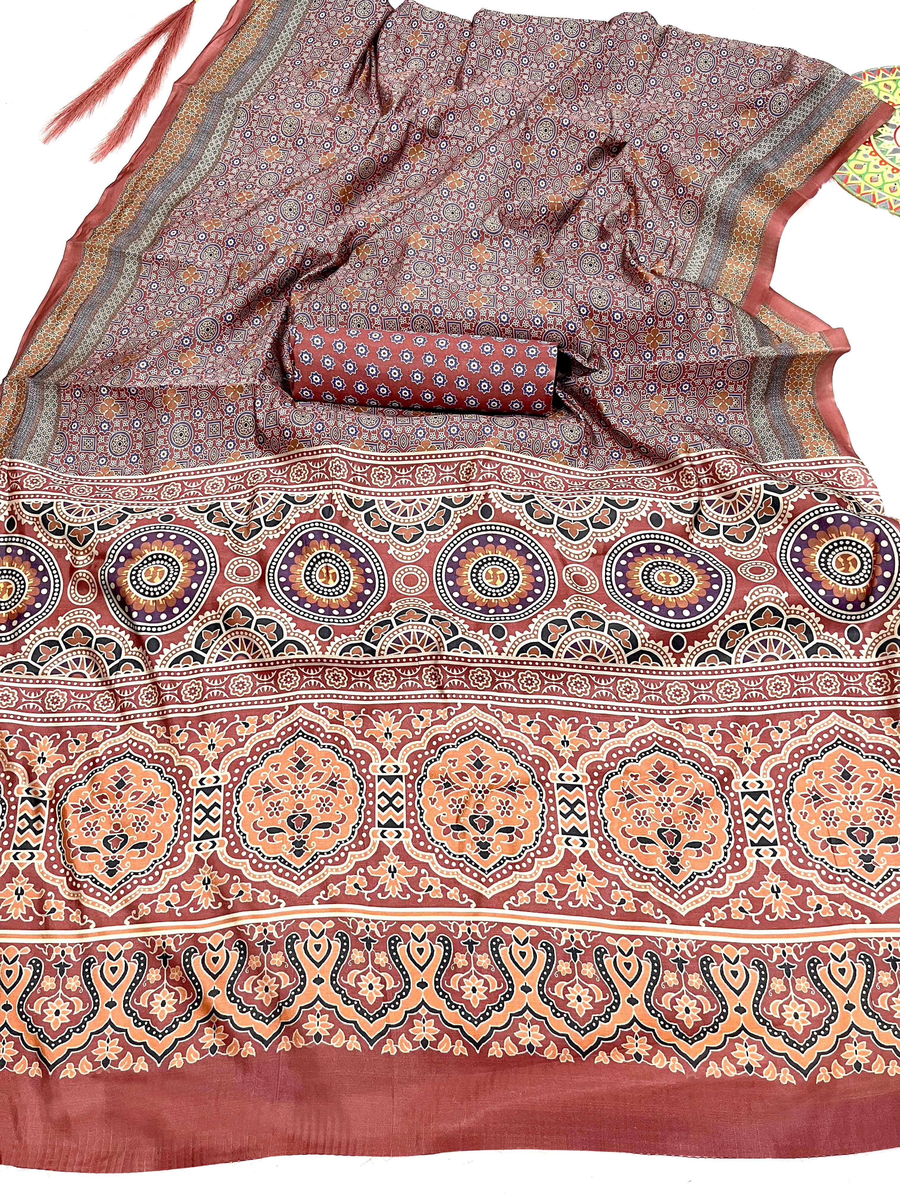 TRADITIONAL SOFT AJRAKH PRINTED SILK SAREE AT WHOLESALE PRICE