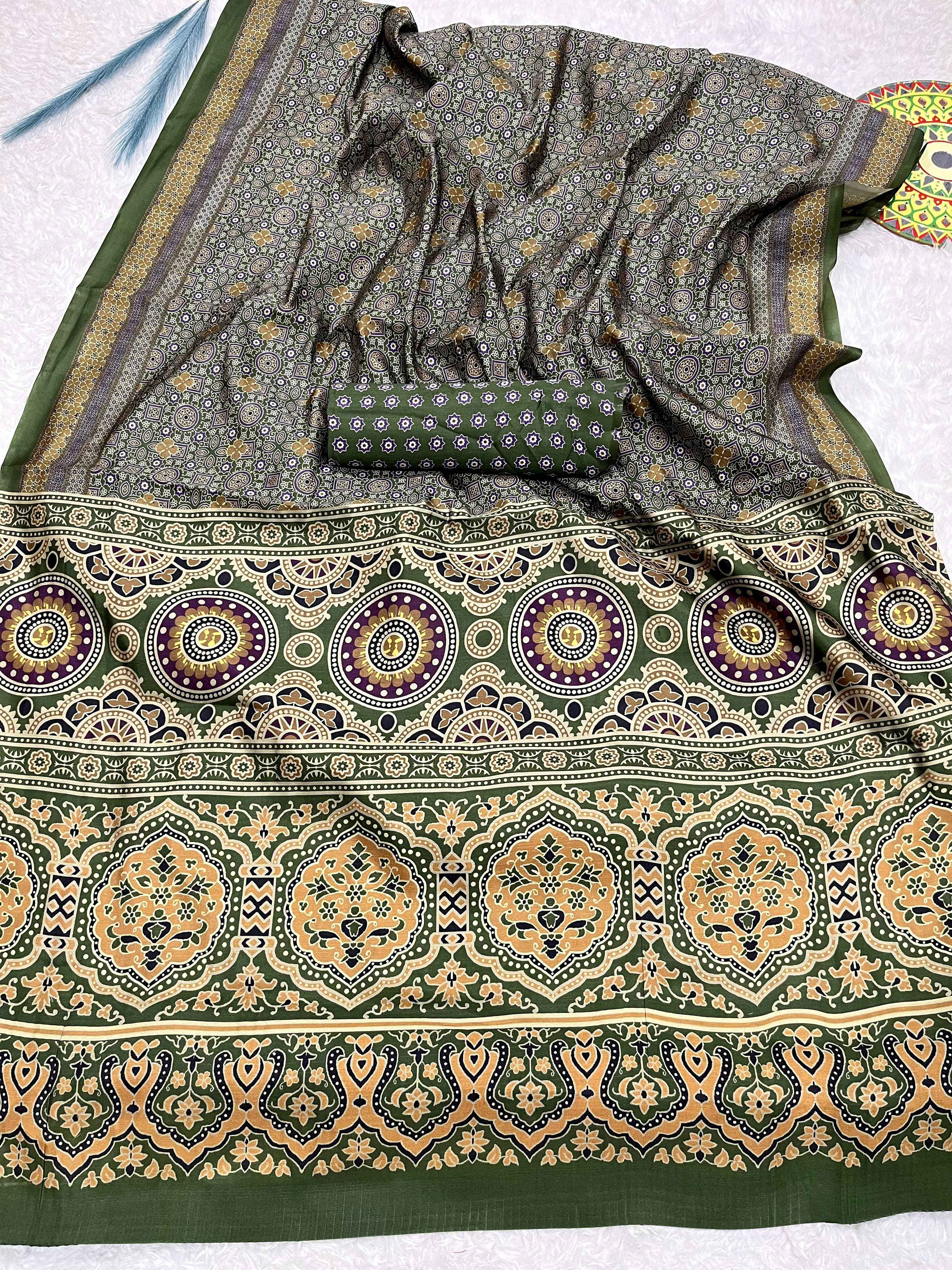 TRADITIONAL SOFT AJRAKH PRINTED SILK SAREE AT WHOLESALE PRICE