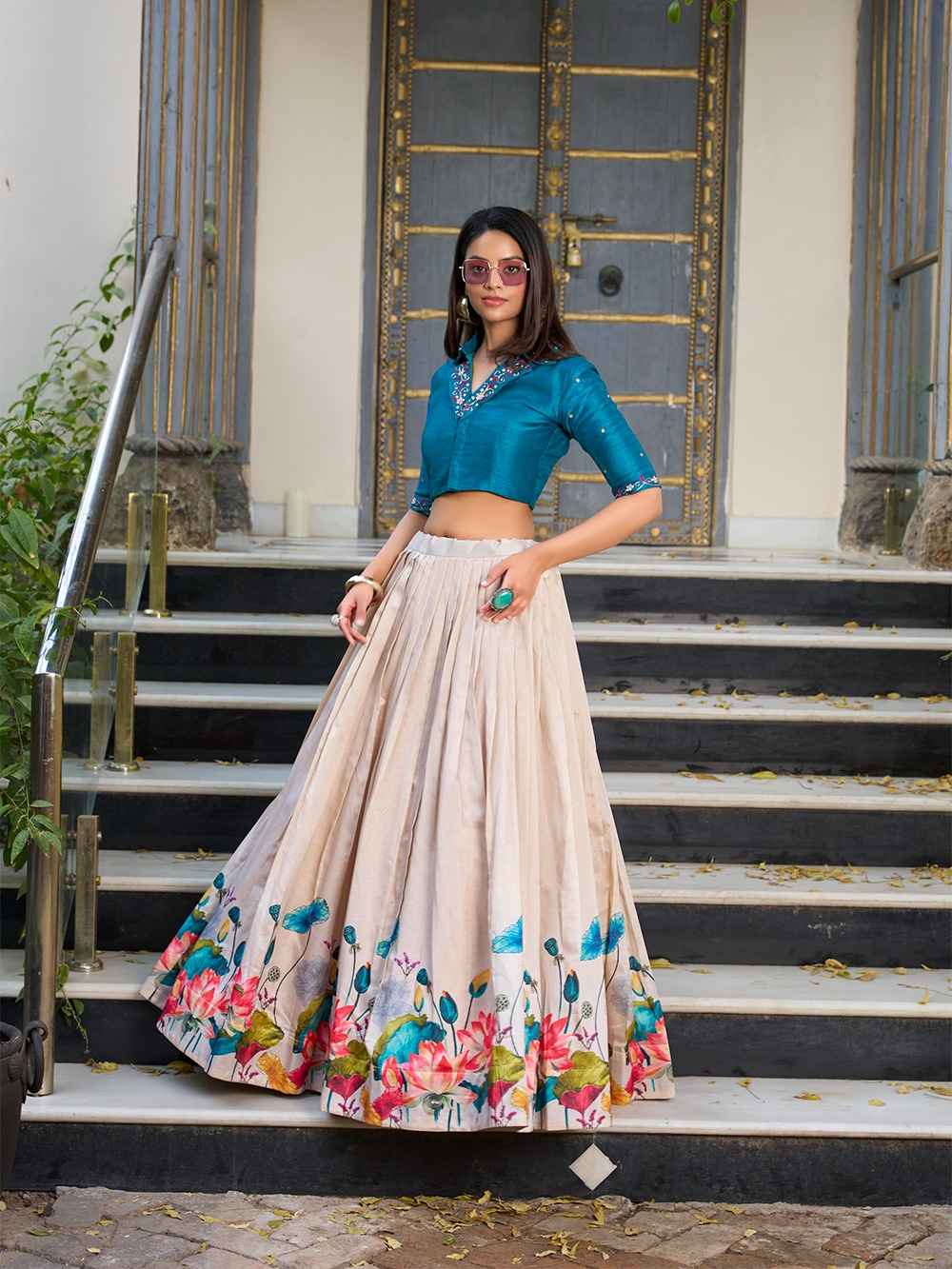 TUSSAR SILK FLORAL PRINT LEHENGA CHOLI AT WHOLESALE PRICE