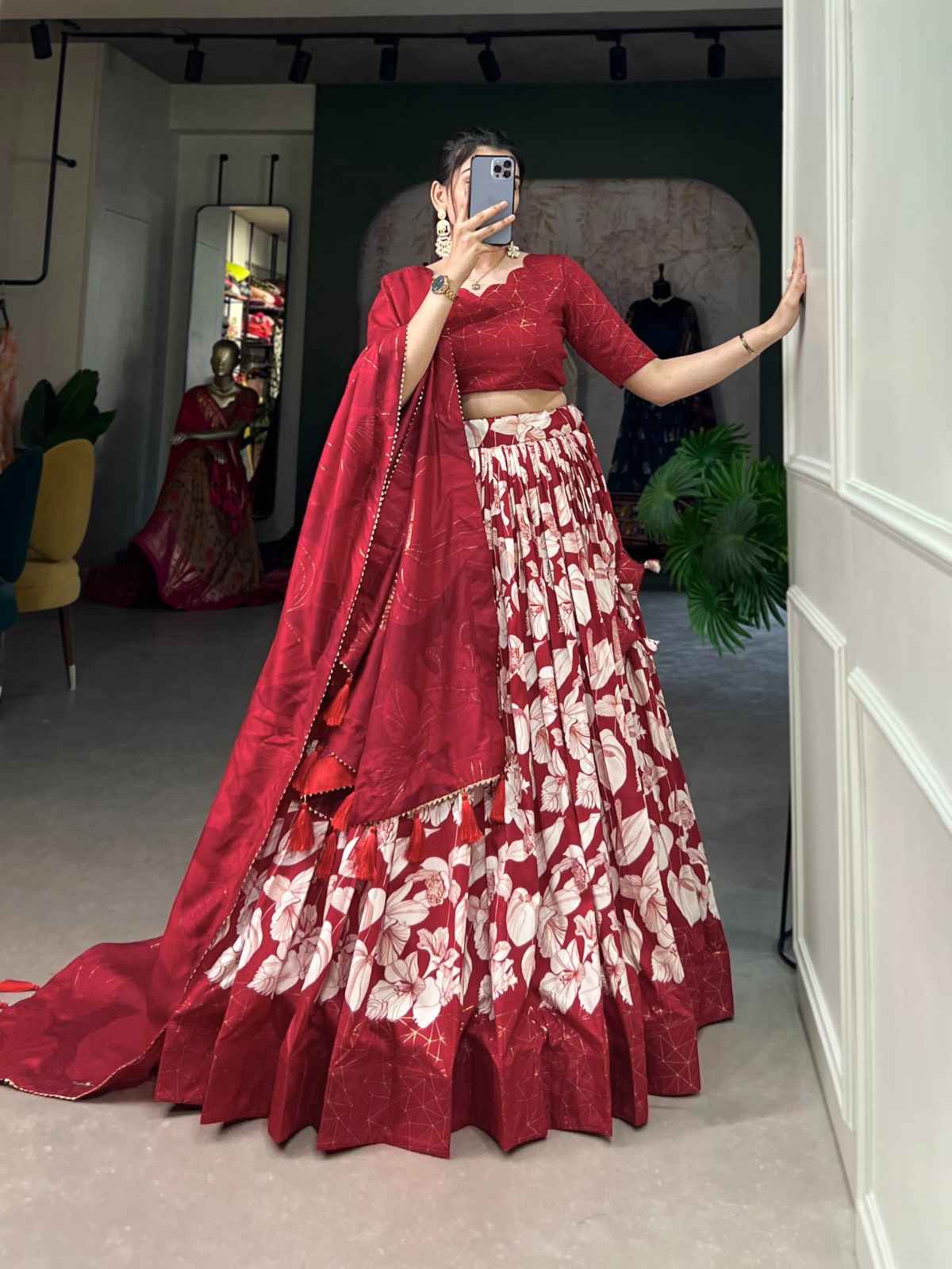 TUSSAR SILK FLORAL PRINT WITH FOIL PRINT LEHENGA CHOLI AT WHOLESALE PRICE