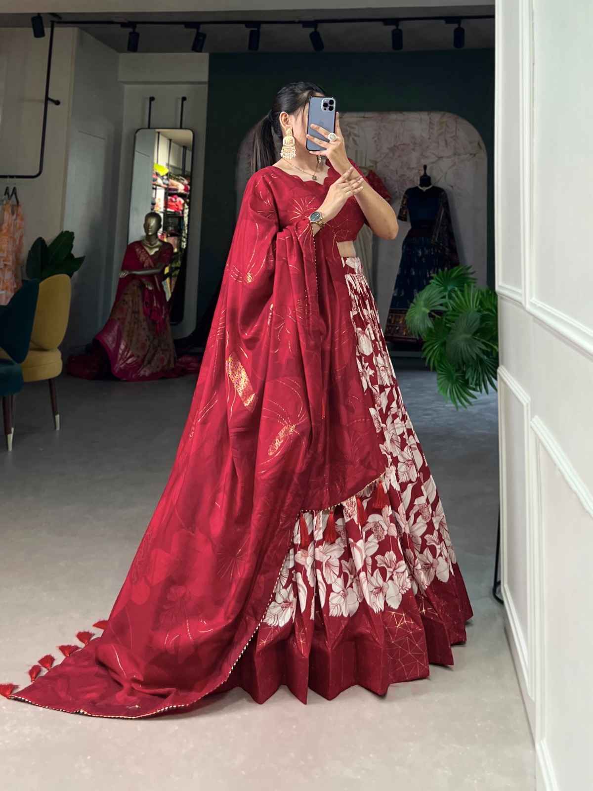 TUSSAR SILK FLORAL PRINT WITH FOIL PRINT LEHENGA CHOLI AT WHOLESALE PRICE