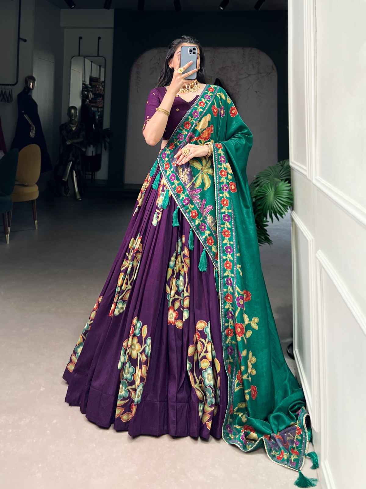 TUSSAR SILK FLORAL PRINT WITH FOIL PRINTED LEHENGA CHOLI WITH DUPATTA1 AT WHOLESALE PRICE
