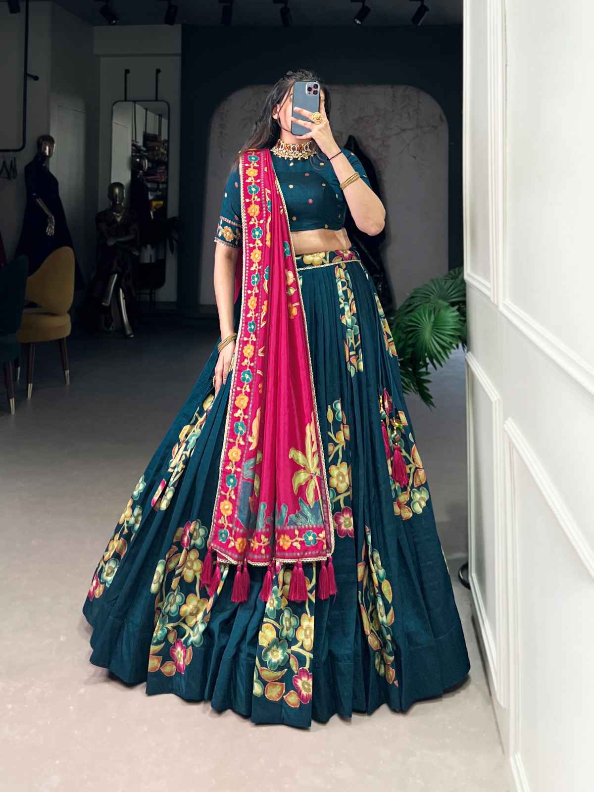 TUSSAR SILK FLORAL PRINT WITH FOIL PRINTED LEHENGA CHOLI WITH DUPATTA1 AT WHOLESALE PRICE