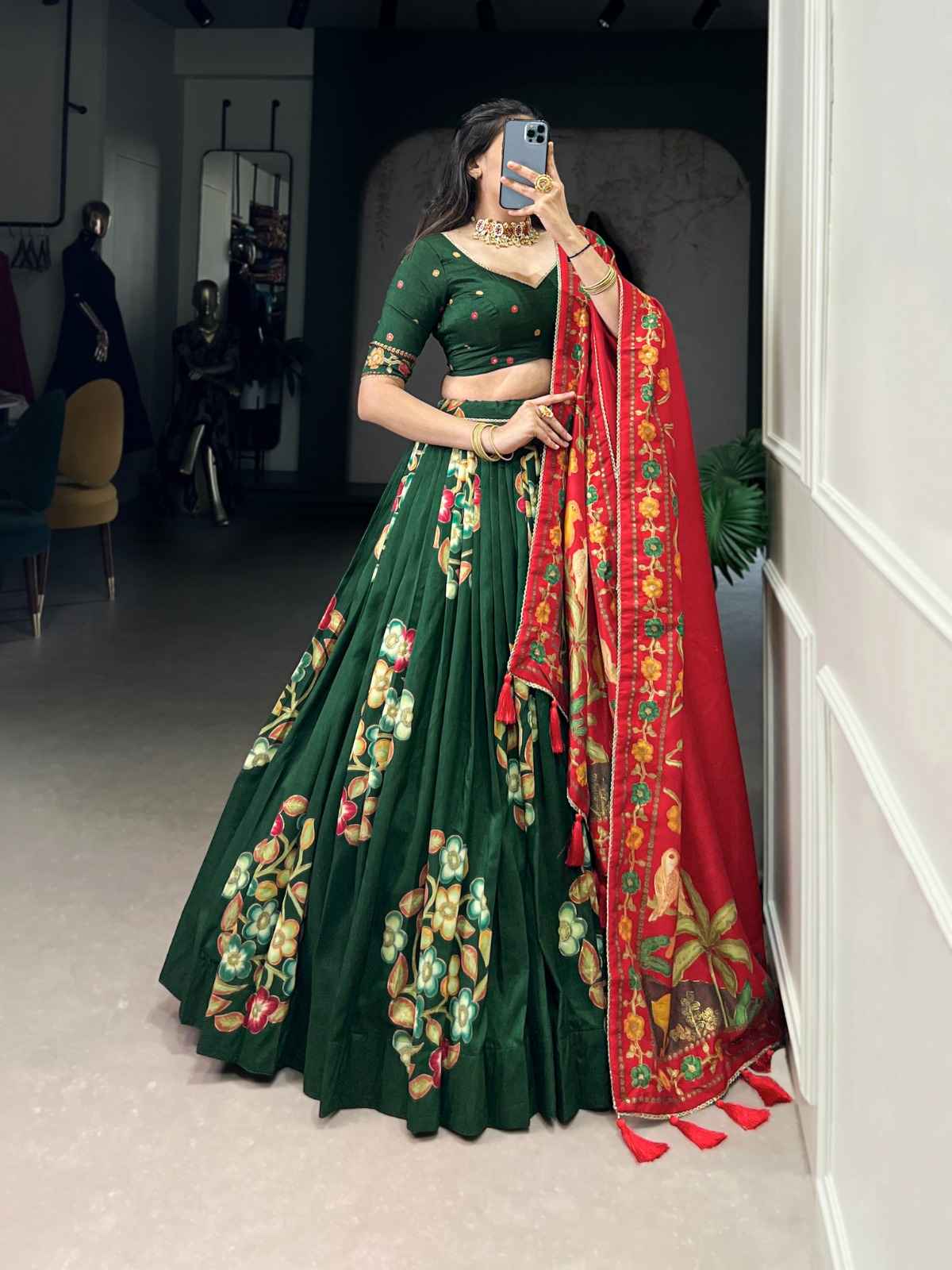 TUSSAR SILK FLORAL PRINT WITH FOIL PRINTED LEHENGA CHOLI WITH DUPATTA1 AT WHOLESALE PRICE
