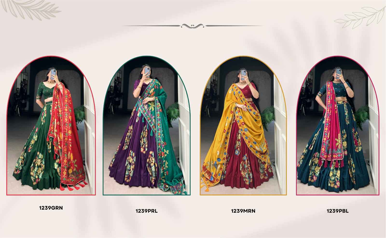 TUSSAR SILK FLORAL PRINT WITH FOIL PRINTED LEHENGA CHOLI WITH DUPATTA1 AT WHOLESALE PRICE