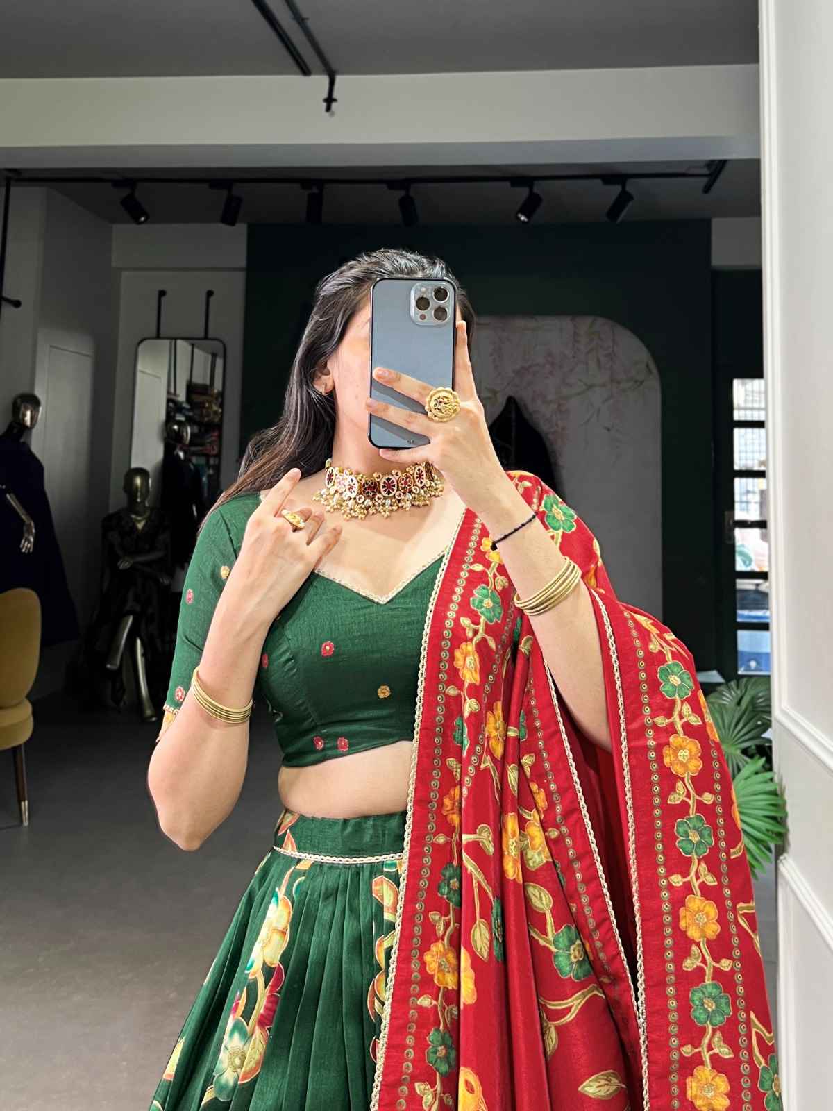 TUSSAR SILK FLORAL PRINT WITH FOIL PRINTED LEHENGA CHOLI WITH DUPATTA1 AT WHOLESALE PRICE