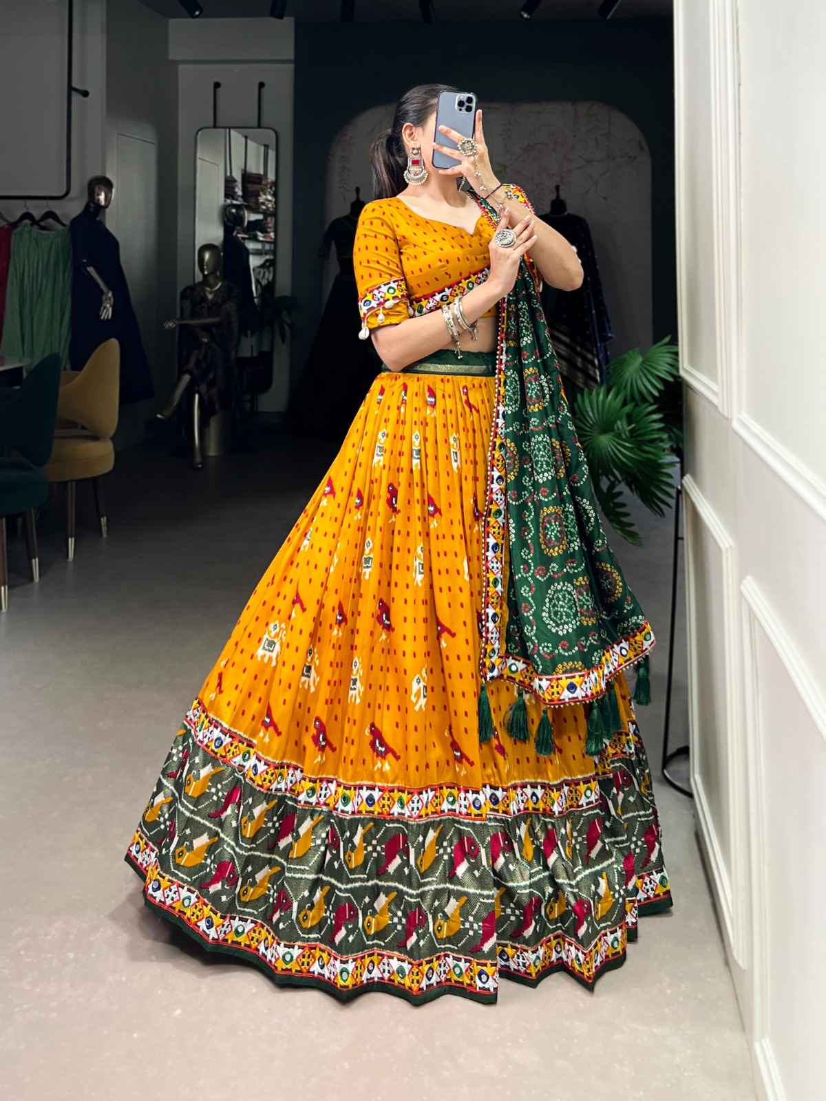 TUSSAR SILK PATOLA PRINT WITH GAMTHI WORK LACE AND FOIL WORK LEHENGA CHOLI AT WHOLESALE PRICE