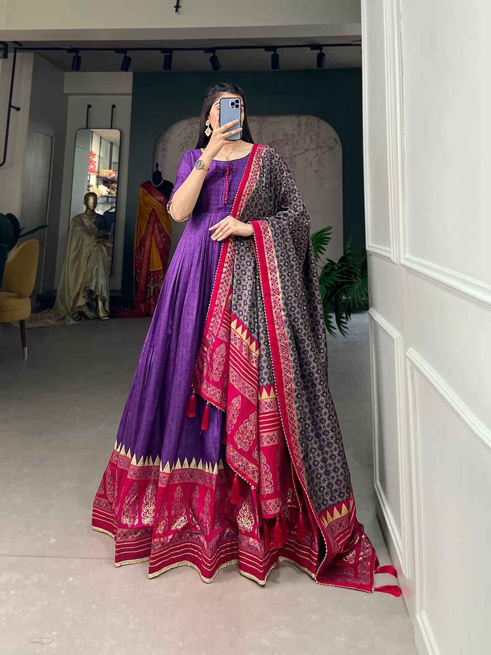 TUSSAR SILK PRINT WITH FOIL PRINT READY TO WEAR GOWN AT WHOLESALE PRICE