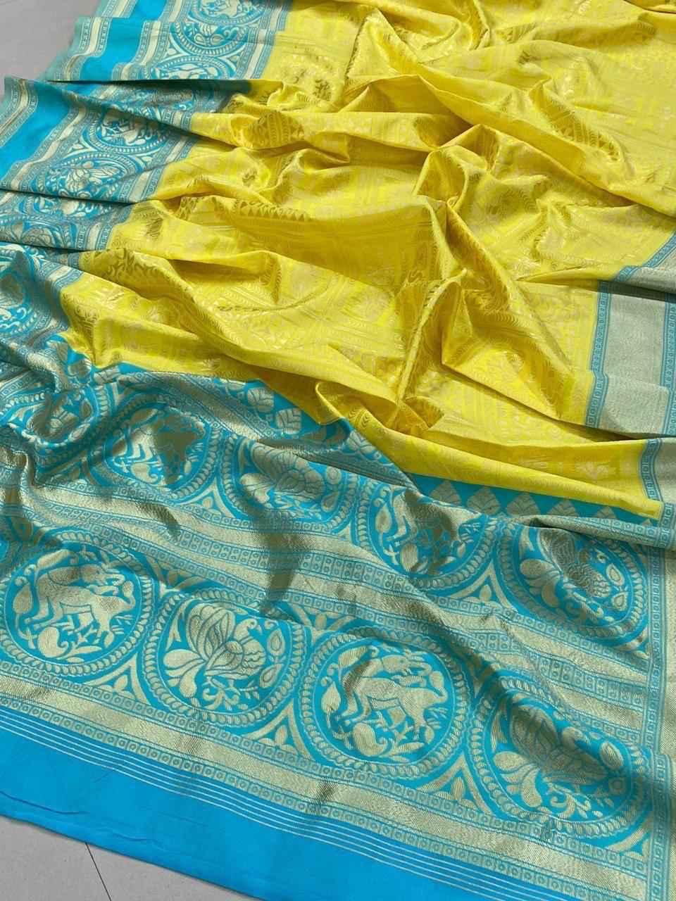 YELLOW DESIGNER SOFT SILK SAREE BEAUTIFUL RICH PALLU & JACQUARD WORK AT WHOLESALE PRICE