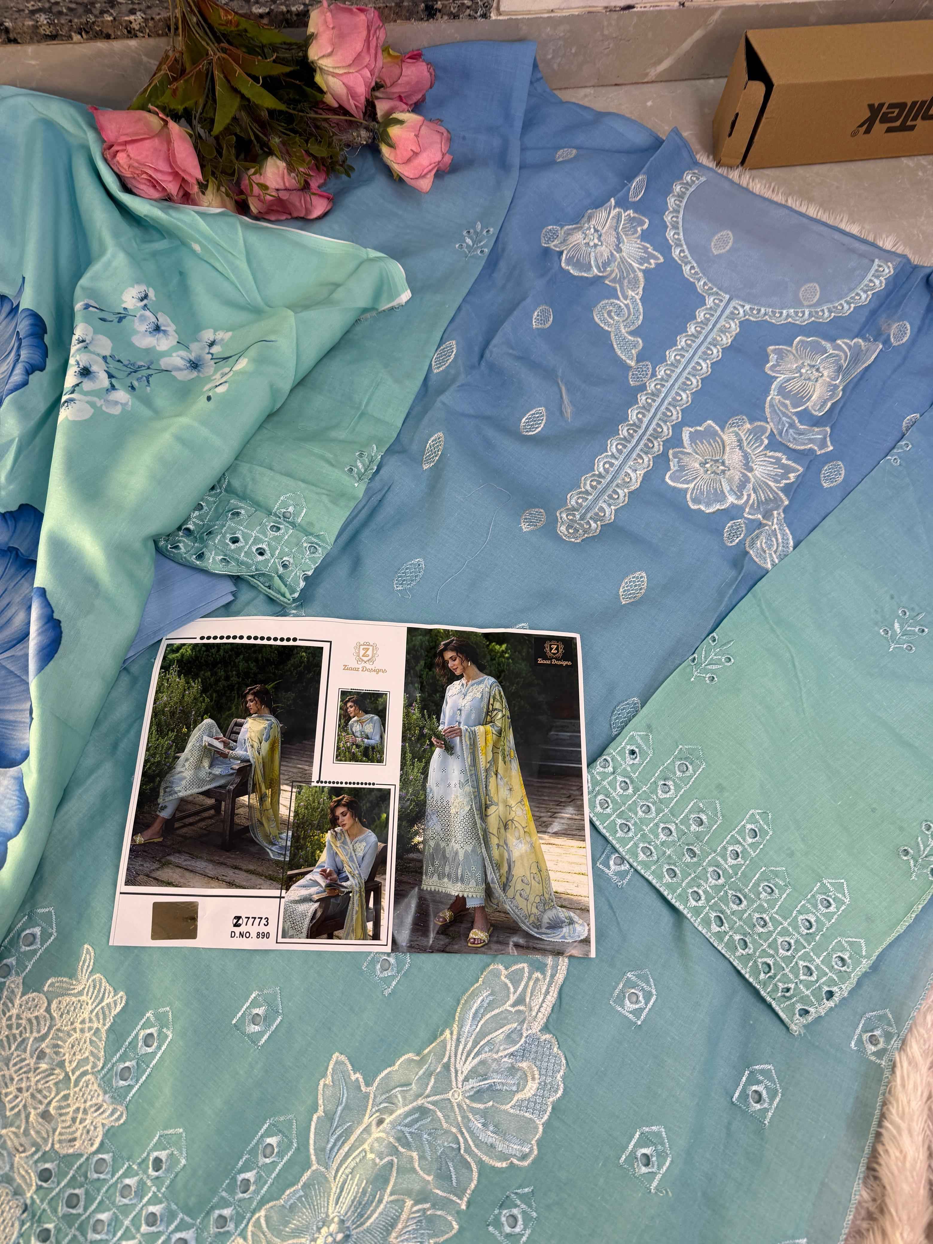 ZIAAZ DESIGNS CAMBRIC COTTON CHIKENKARI SHADED DRESS MATERIAL AT WHOLESALE PRICE