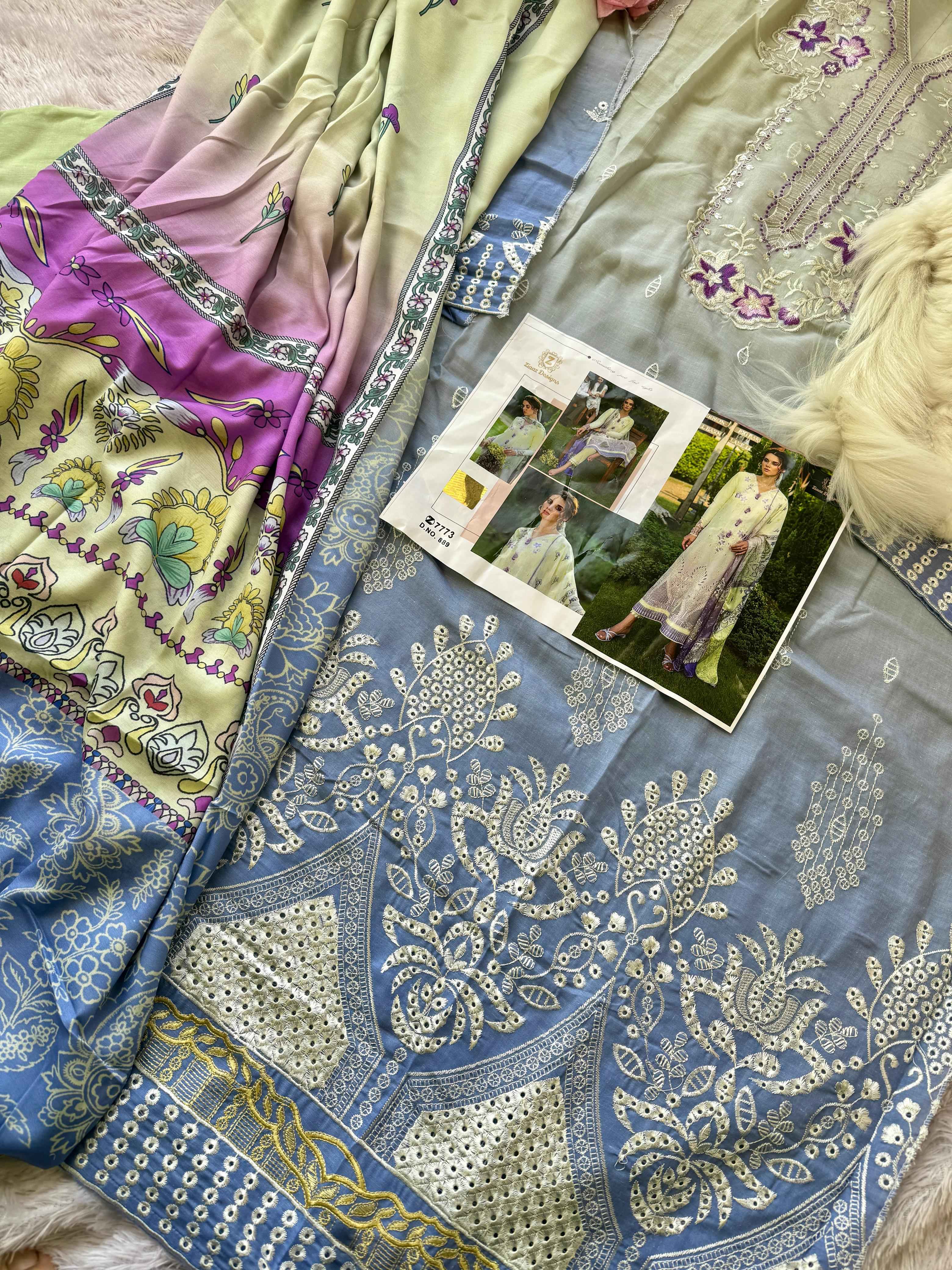 ZIAAZ DESIGNS CAMBRIC COTTON CHIKENKARI SHADED DRESS MATERIAL AT WHOLESALE PRICE
