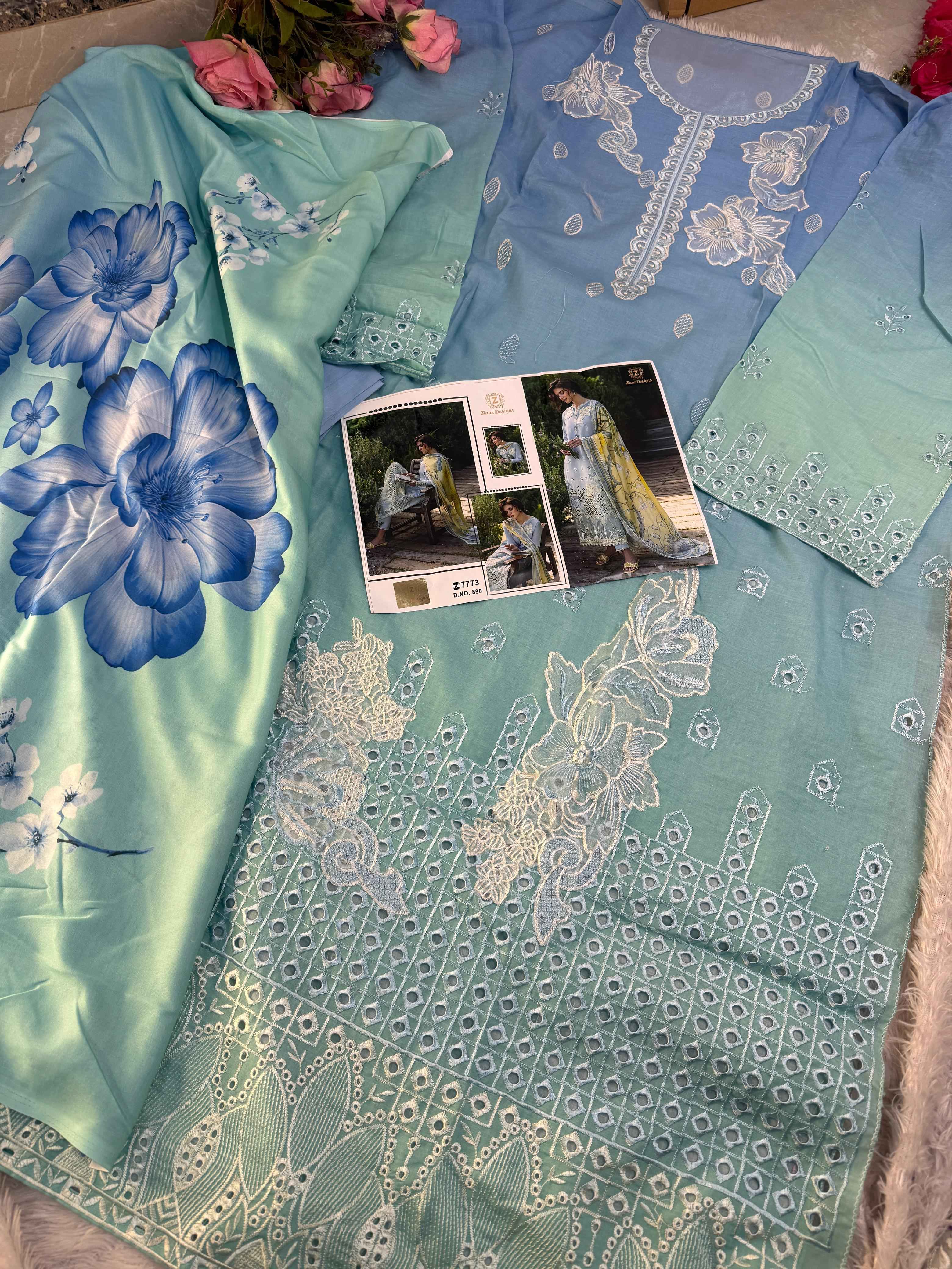 ZIAAZ DESIGNS CAMBRIC COTTON CHIKENKARI SHADED DRESS MATERIAL AT WHOLESALE PRICE