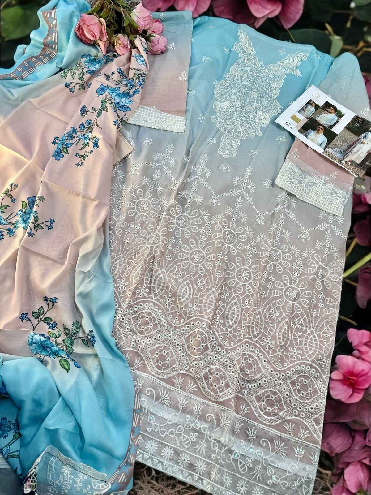 ZIAAZ DESIGNS CAMBRIC COTTON CHIKENKARI SHADED DRESS MATERIAL AT WHOLESALE PRICE