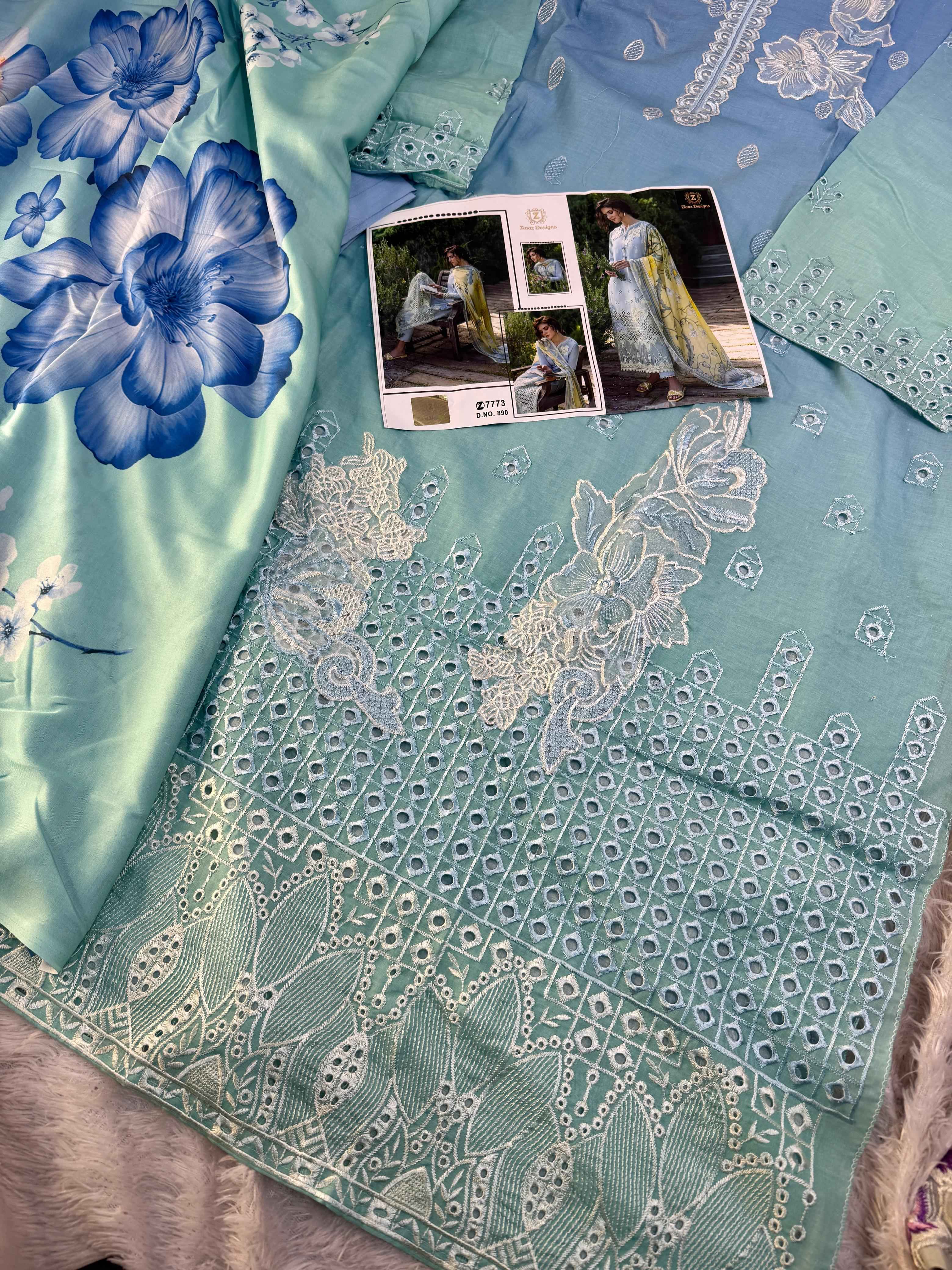 ZIAAZ DESIGNS CAMBRIC COTTON CHIKENKARI SHADED DRESS MATERIAL AT WHOLESALE PRICE