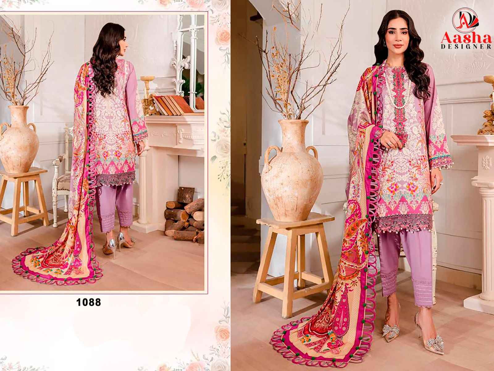 AASHA D NO 1088 PURE COTTON PRINTED WITH EMBROIDRY DRESS MATERIAL AT WHOLESALE PRICE