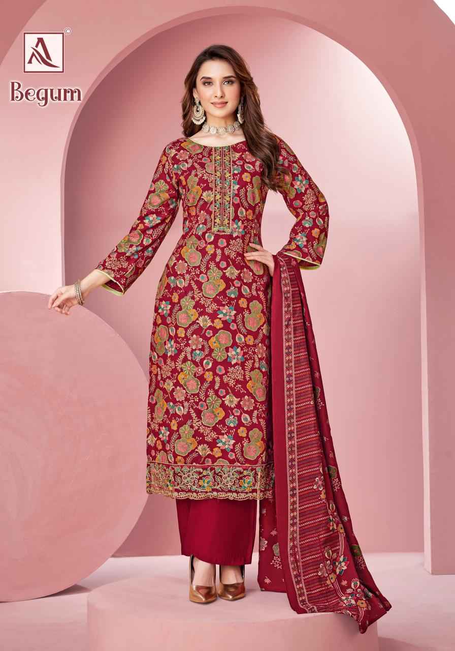 ALOK BEGUM PURE VISCOSE REYON DISCHARGE FOIL PRINT DRESS MATERIAL AT WHOLESALE PRICE