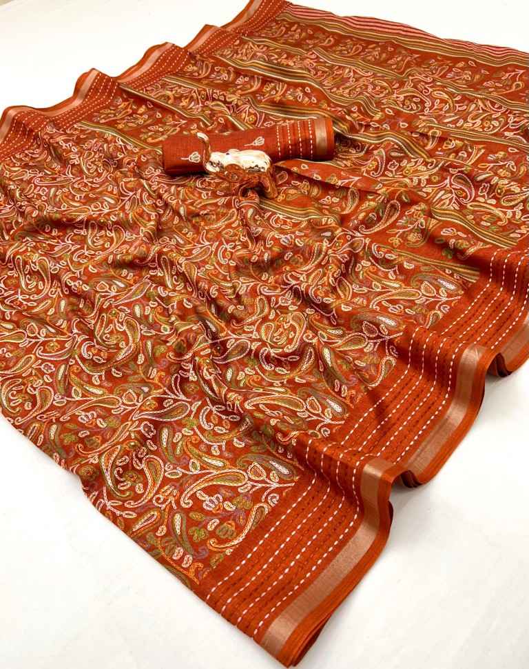 COTTON CRAPE 3D STYLE PRINT KATHA WORK WITH ZARI BORDER SAREE AT WHOLESALE PRICE