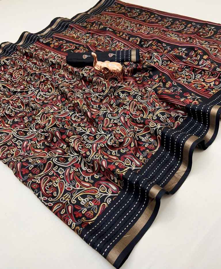 COTTON CRAPE 3D STYLE PRINT KATHA WORK WITH ZARI BORDER SAREE AT WHOLESALE PRICE